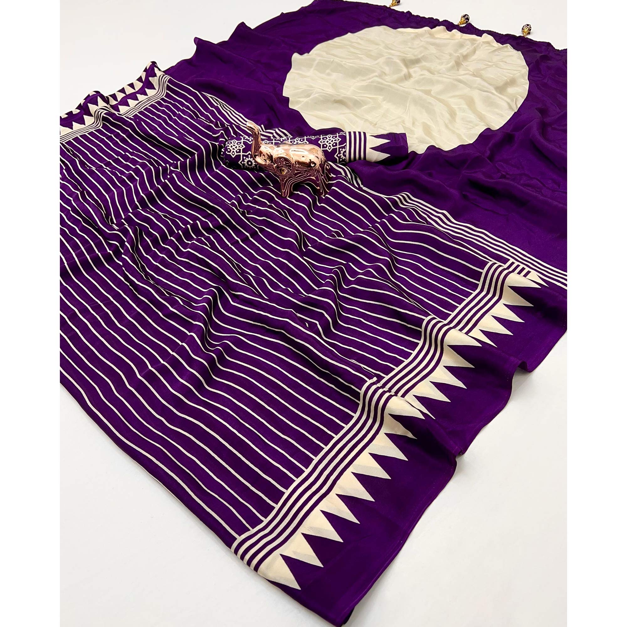 Purple Satin Saree with All-Over Striped Print Partywear Essential
