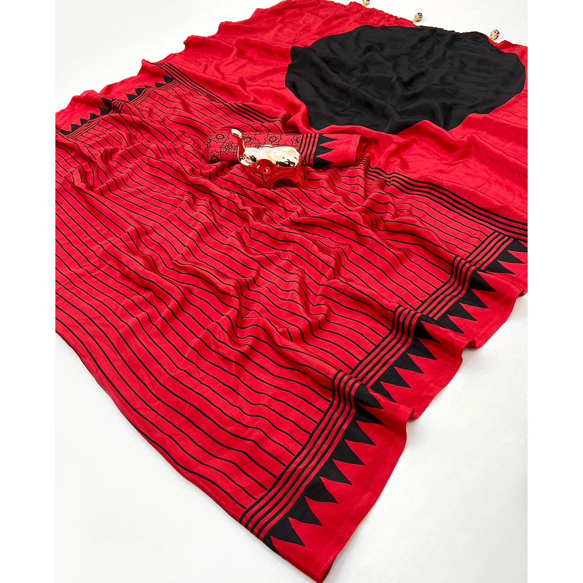 Red Satin Saree with All-Over Striped Print Partywear Essential