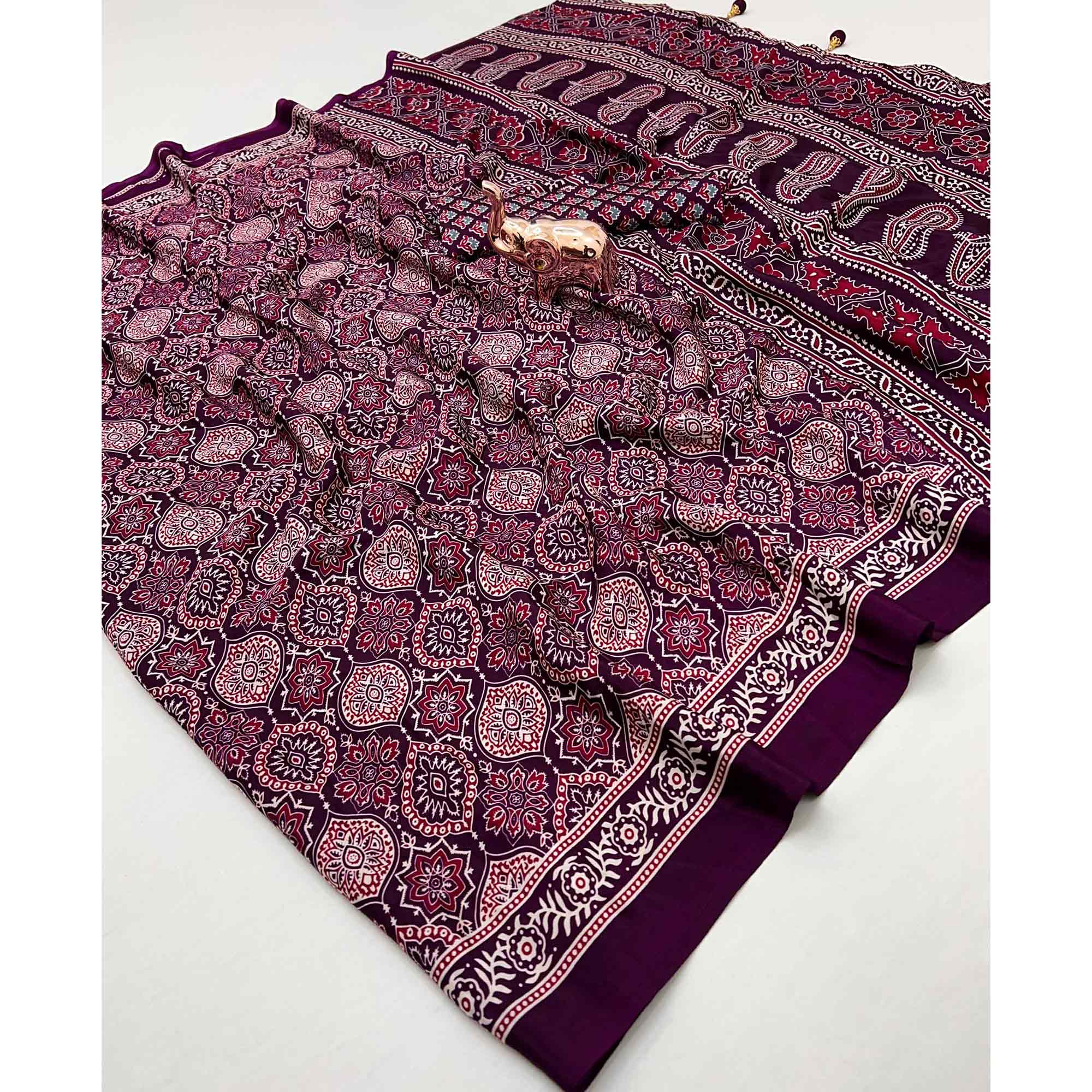 Purple Beauty Pure Satin Saree with Ajrakh Print Detailing