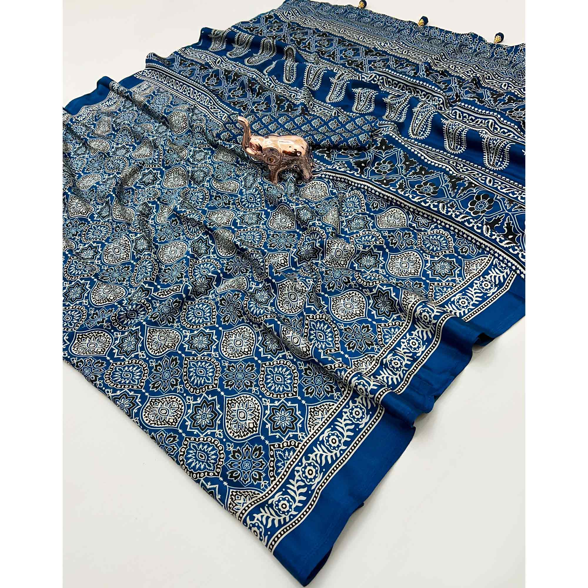 Teal Beauty Pure Satin Saree with Ajrakh Print Detailing