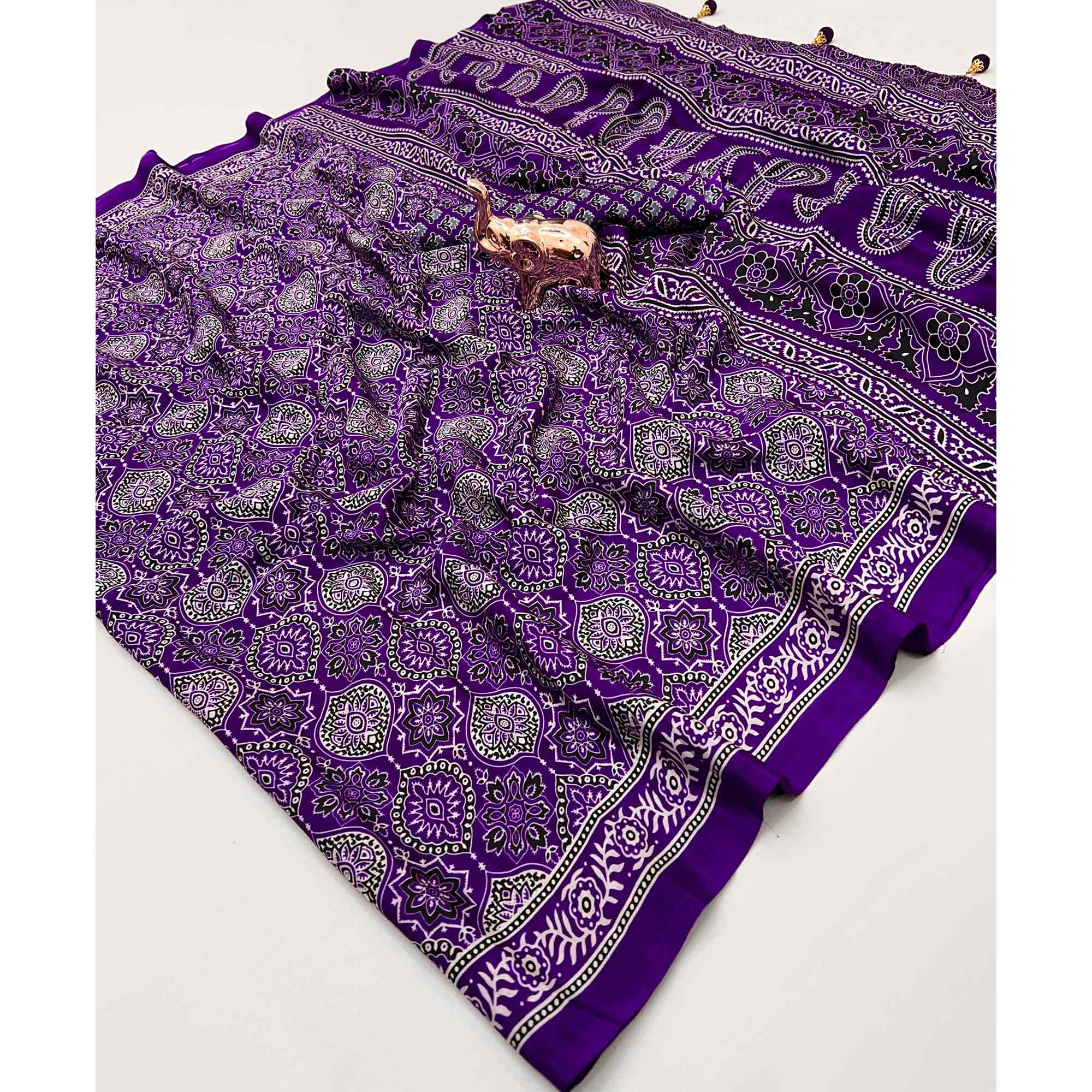 Violet Beauty Pure Satin Saree with Ajrakh Print Detailing
