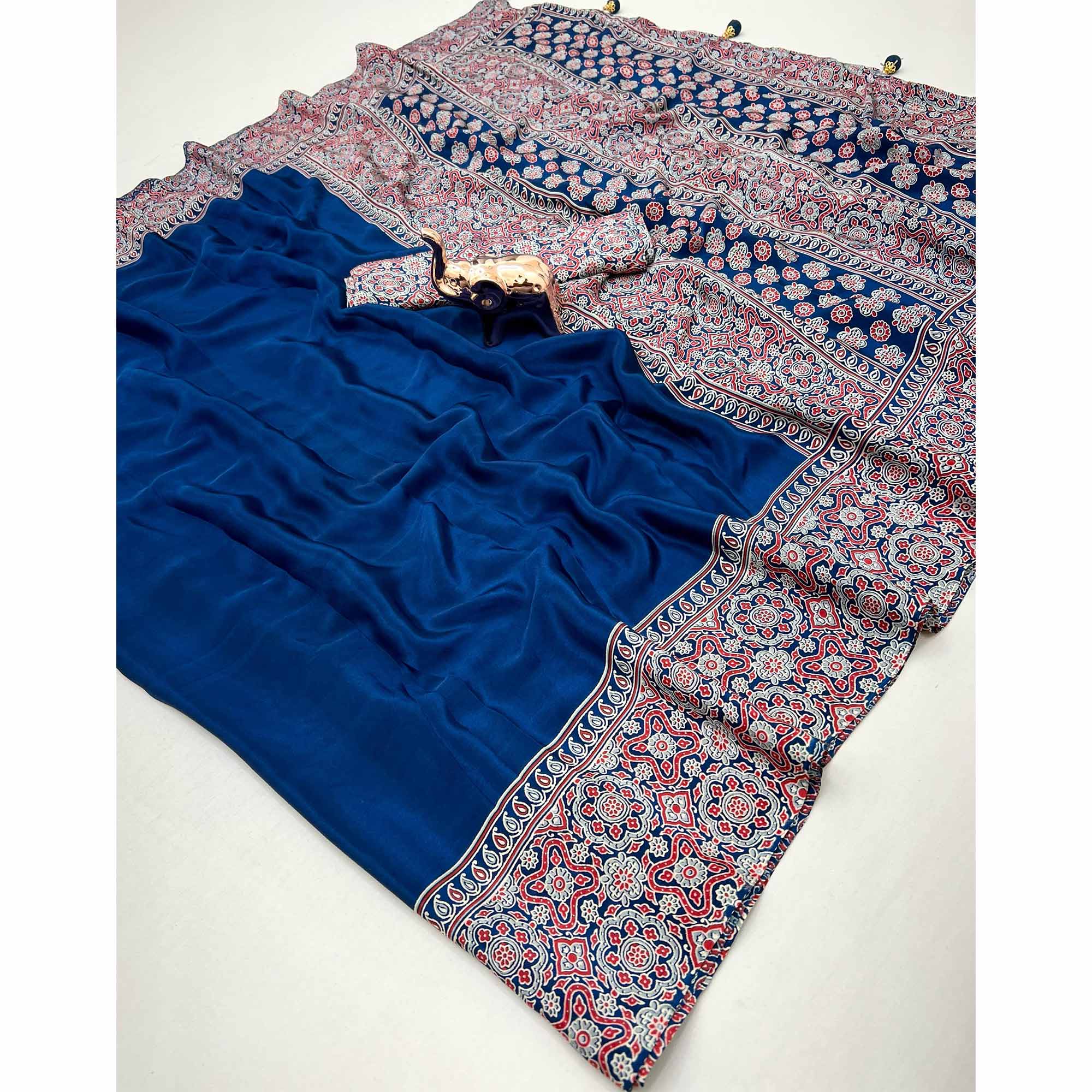 Blue Satin Saree Showcasing Rich Ajrakh Printed Design & Tassel Finished Pallu