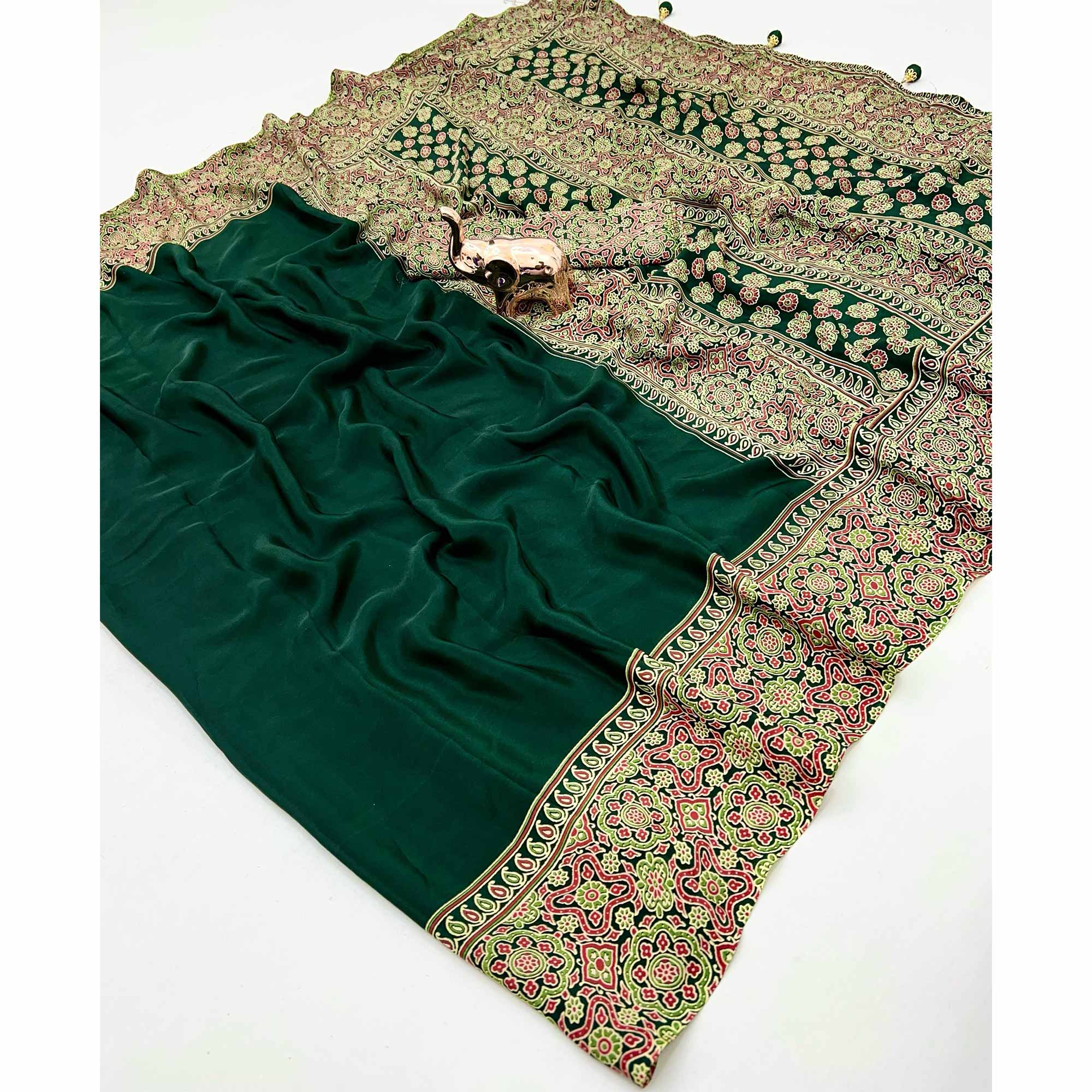 Green Satin Saree Showcasing Rich Ajrakh Printed Design & Tassel Finished Pallu