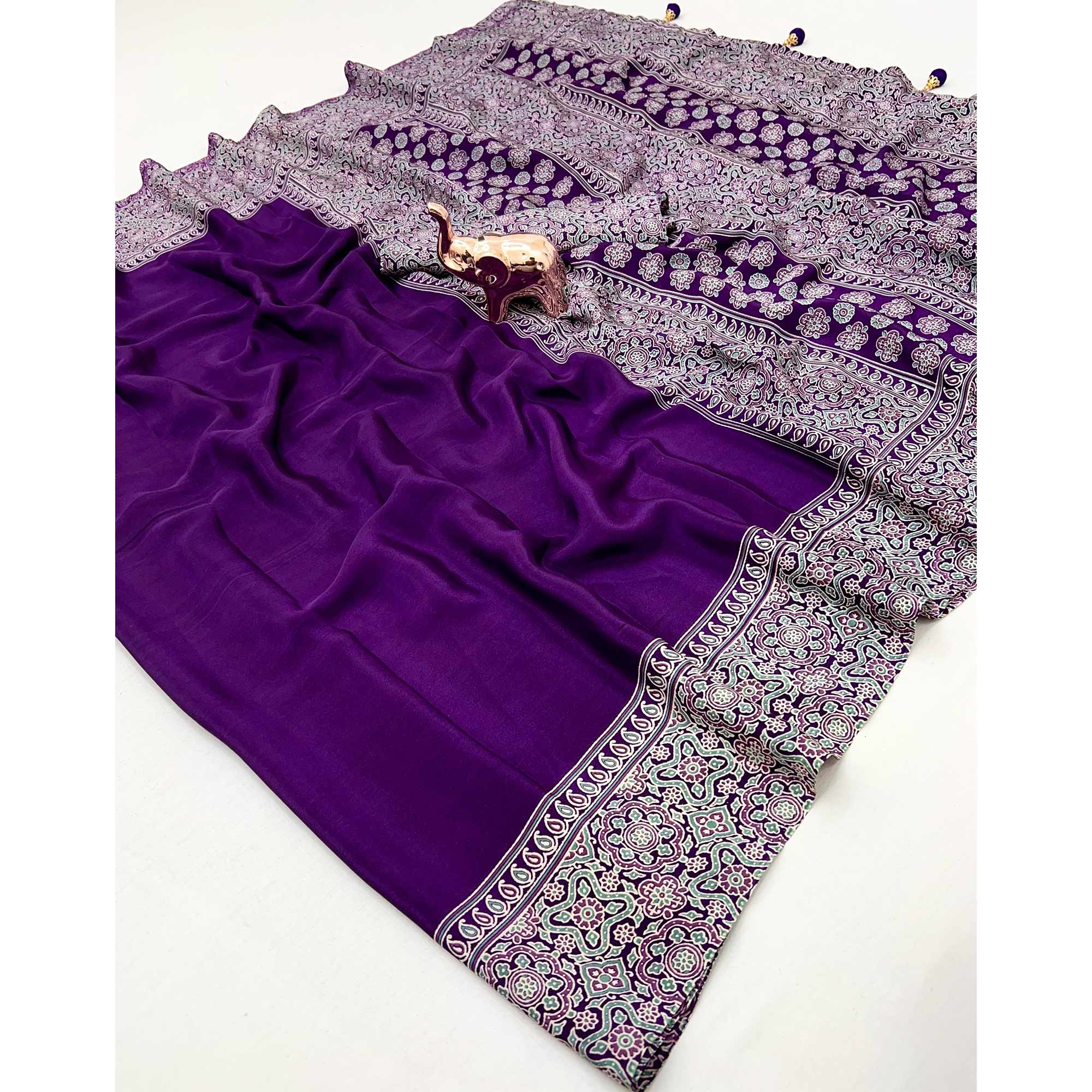 Purple Satin Saree Showcasing Rich Ajrakh Printed Design & Tassel Finished Pallu