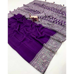 Purple Satin Saree Showcasing Rich Ajrakh Printed Design & Tassel Finished Pallu