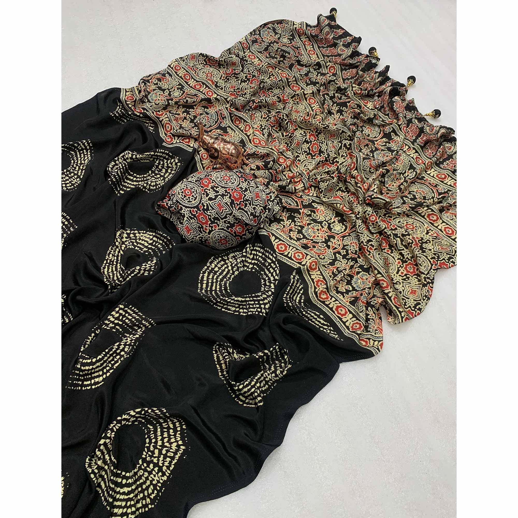 Black Satin Saree Adorned With Authentic Ajrakh Print & Stylish Tassel Pallu