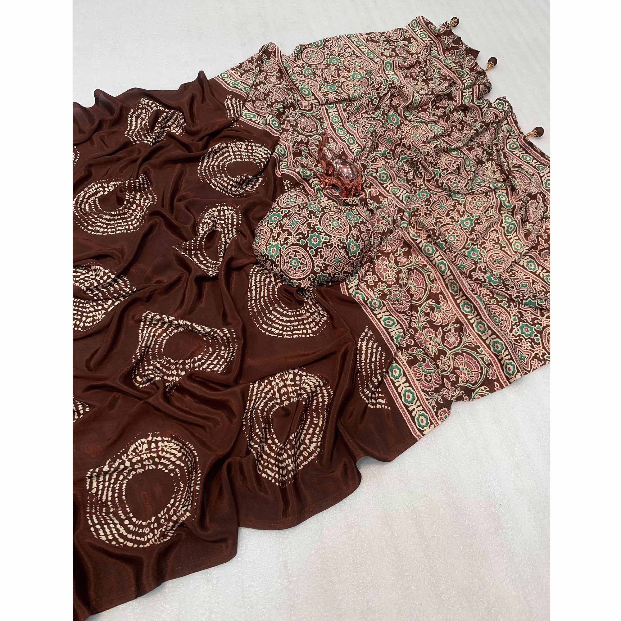 Brown Satin Saree Adorned With Authentic Ajrakh Print & Stylish Tassel Pallu