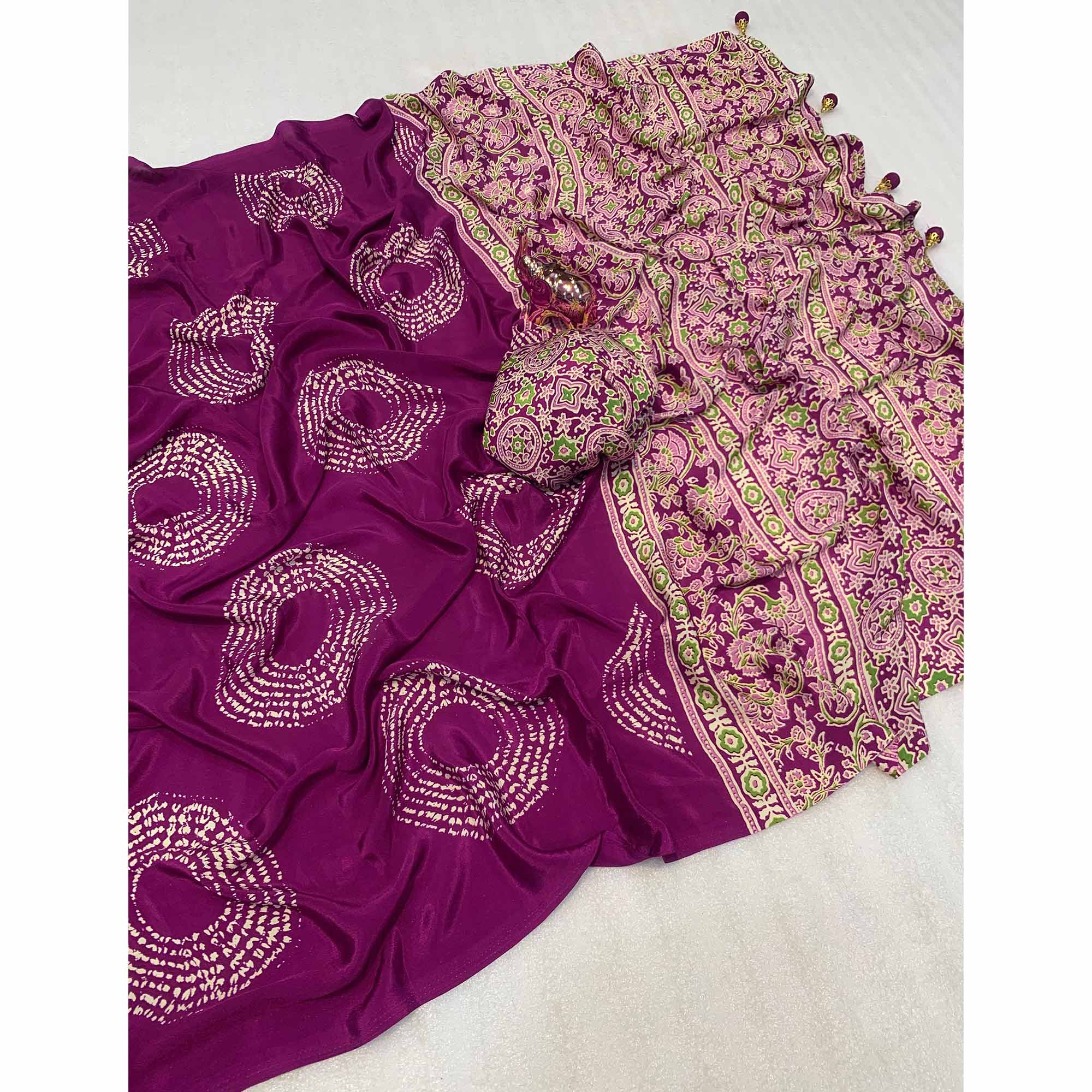 Dark Magenta Satin Saree Adorned With Authentic Ajrakh Print & Stylish Tassel Pallu