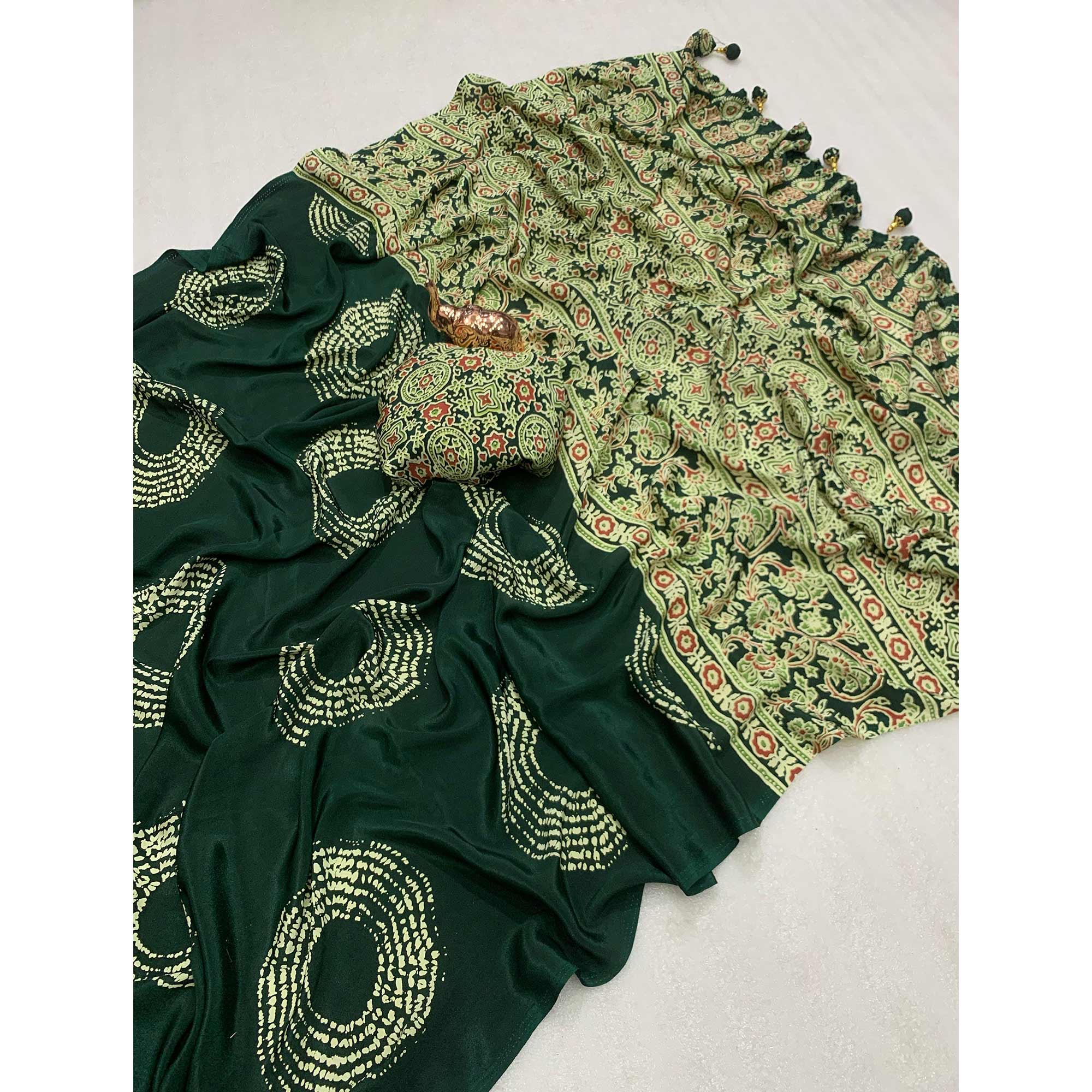 Green Satin Saree Adorned With Authentic Ajrakh Print & Stylish Tassel Pallu