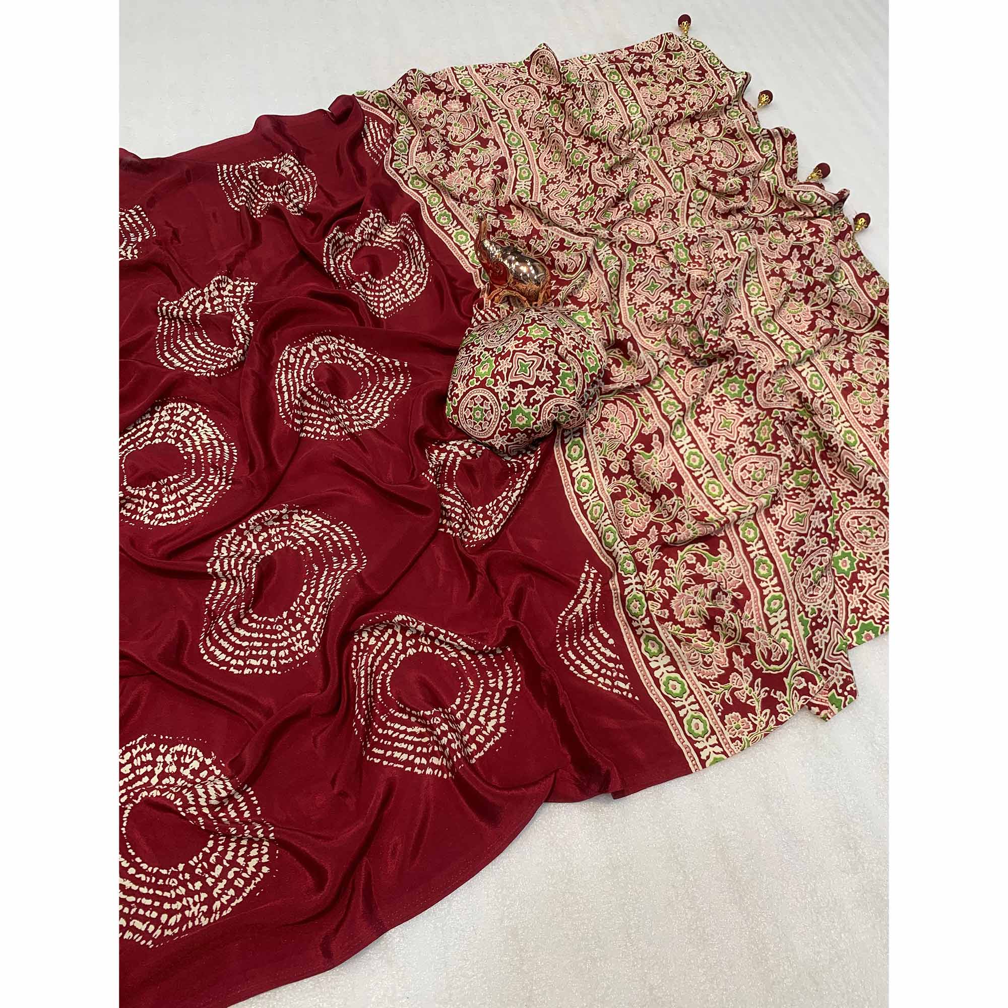 Maroon Satin Saree Adorned With Authentic Ajrakh Print & Stylish Tassel Pallu
