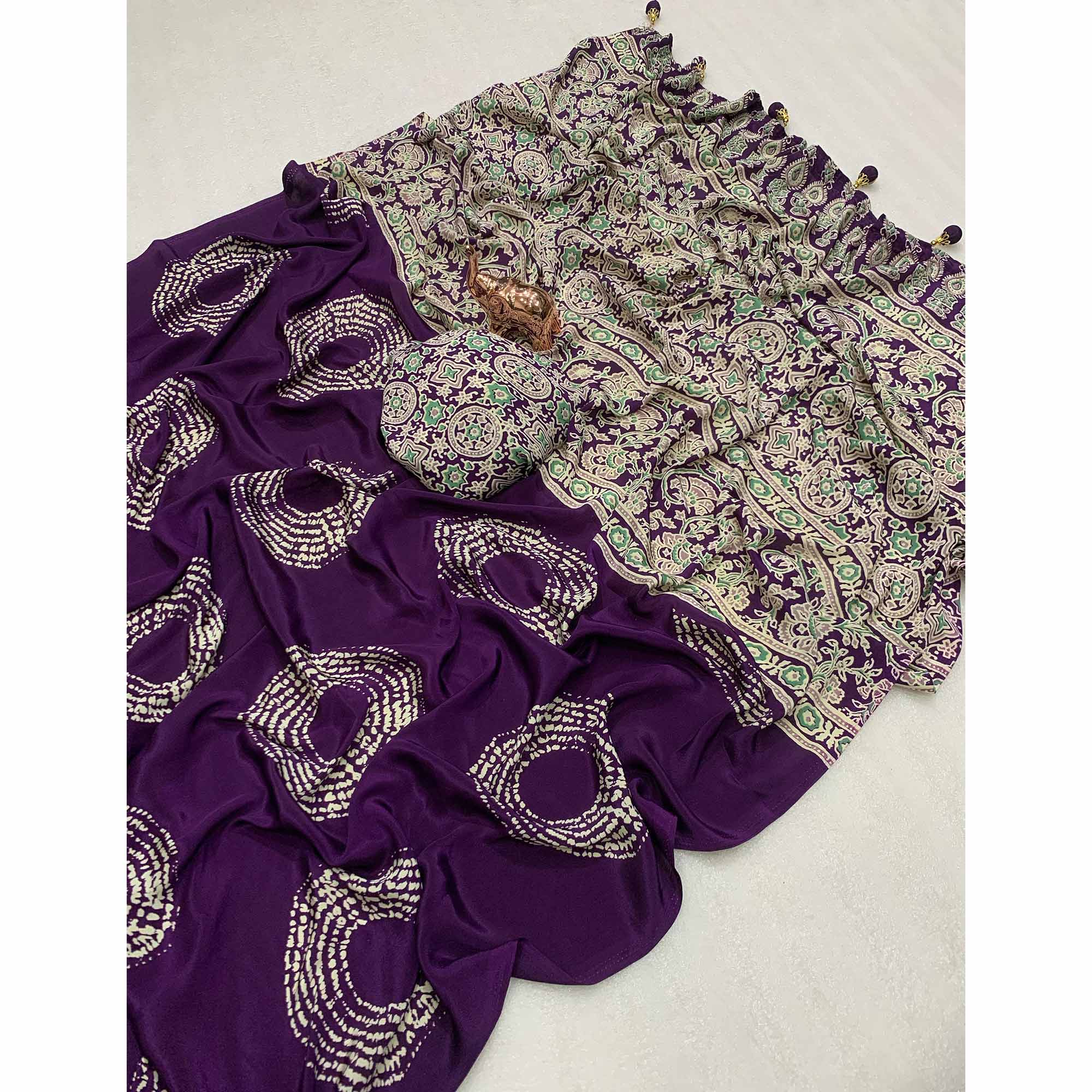 Purple Satin Saree Adorned With Authentic Ajrakh Print & Stylish Tassel Pallu