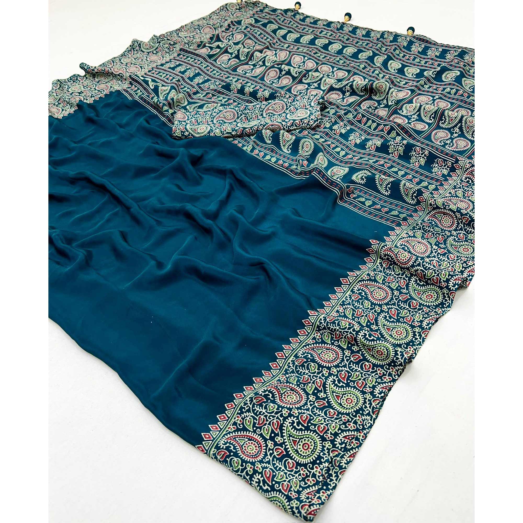 Dark Teal Blue Satin Saree In Ajrakh Floral Print With Tassel Adorned Pallu