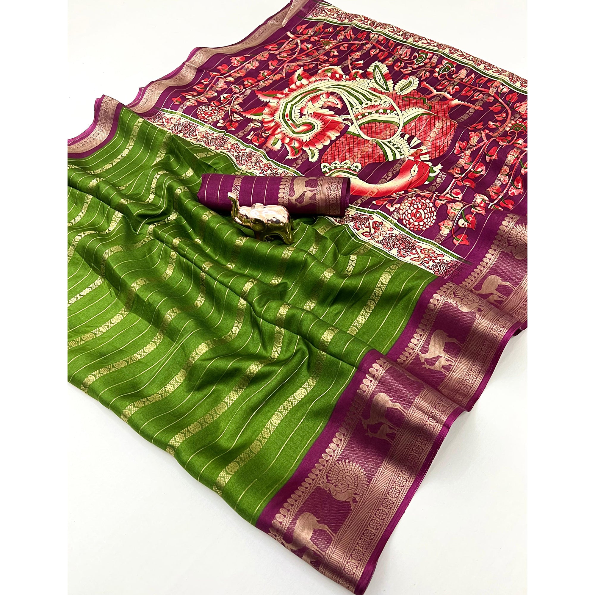 Green Floral Weaving Mysore Silk Saree With Peacock Print Pallu & Two-Tone Padding Border Work