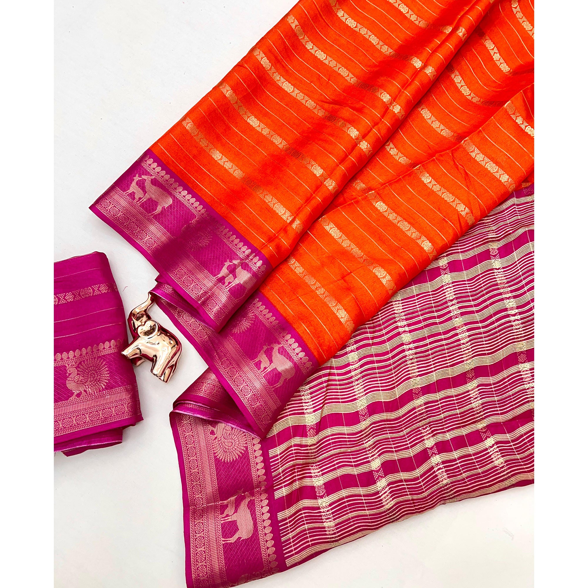 Orange Floral Weaving Mysore Silk Saree With Peacock Print Pallu & Two-Tone Padding Border Work