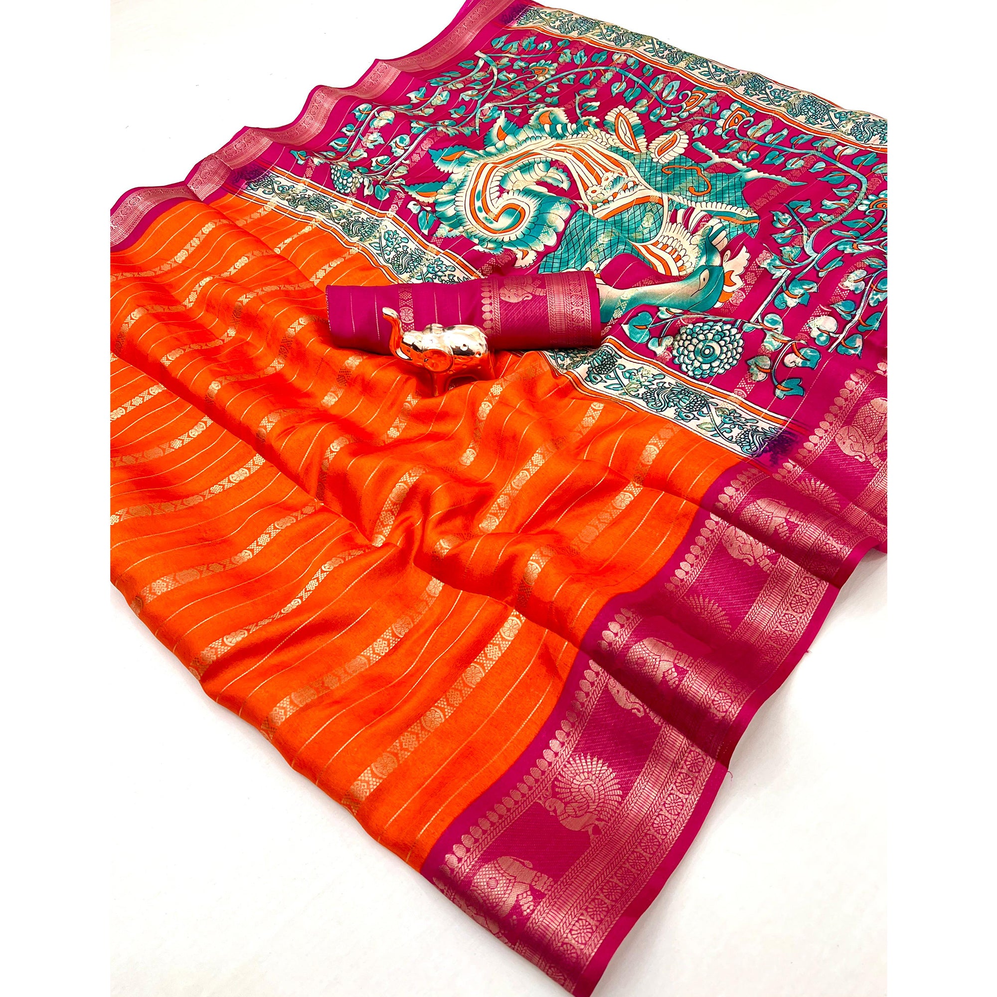 Orange Floral Weaving Mysore Silk Saree With Peacock Print Pallu & Two-Tone Padding Border Work