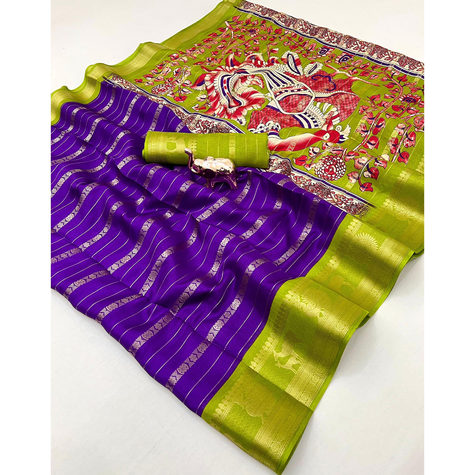 Purple Floral Weaving Mysore Silk Saree With Peacock Print Pallu & Two-Tone Padding Border Work