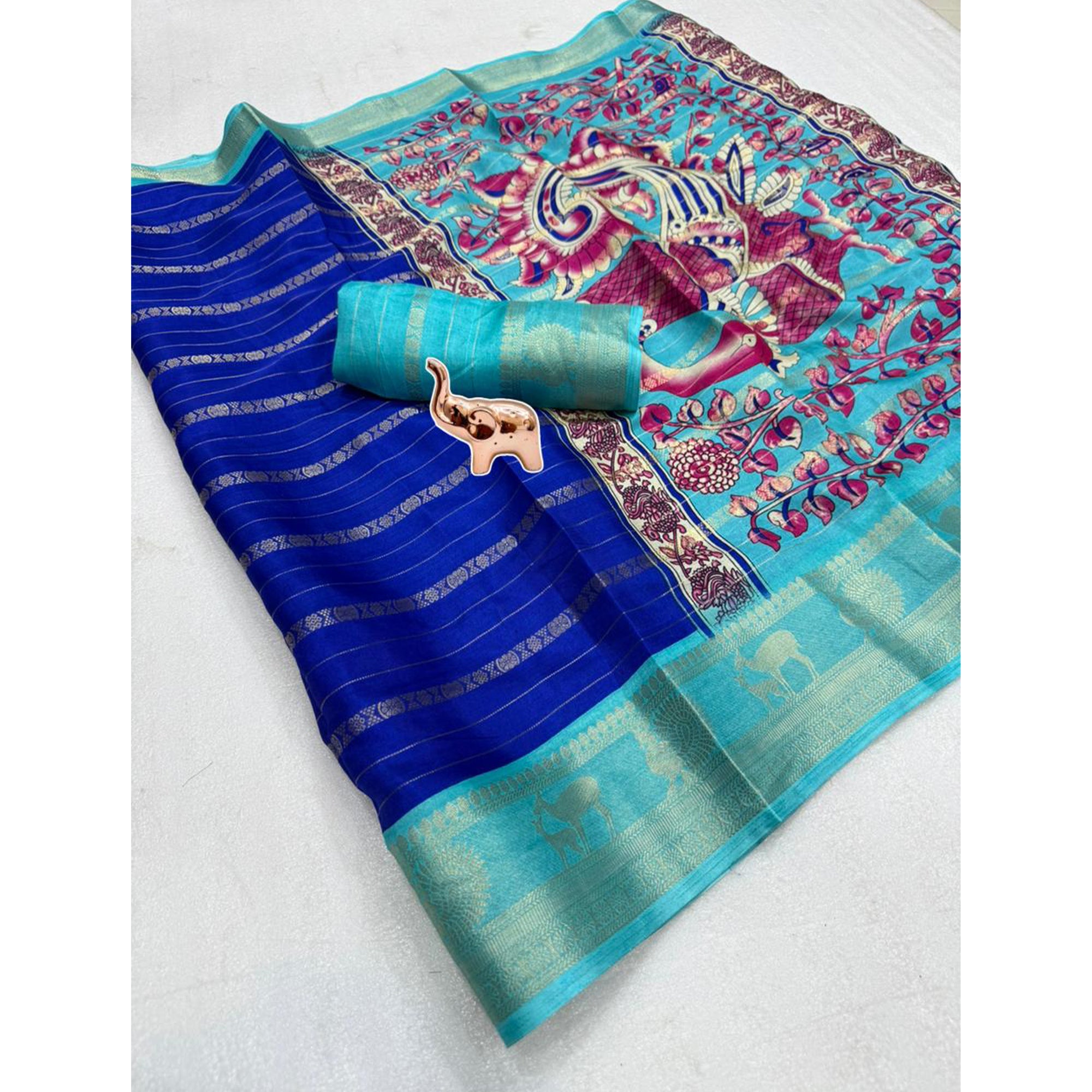 Royal Blue Floral Weaving Mysore Silk Saree With Peacock Print Pallu & Two-Tone Padding Border Work