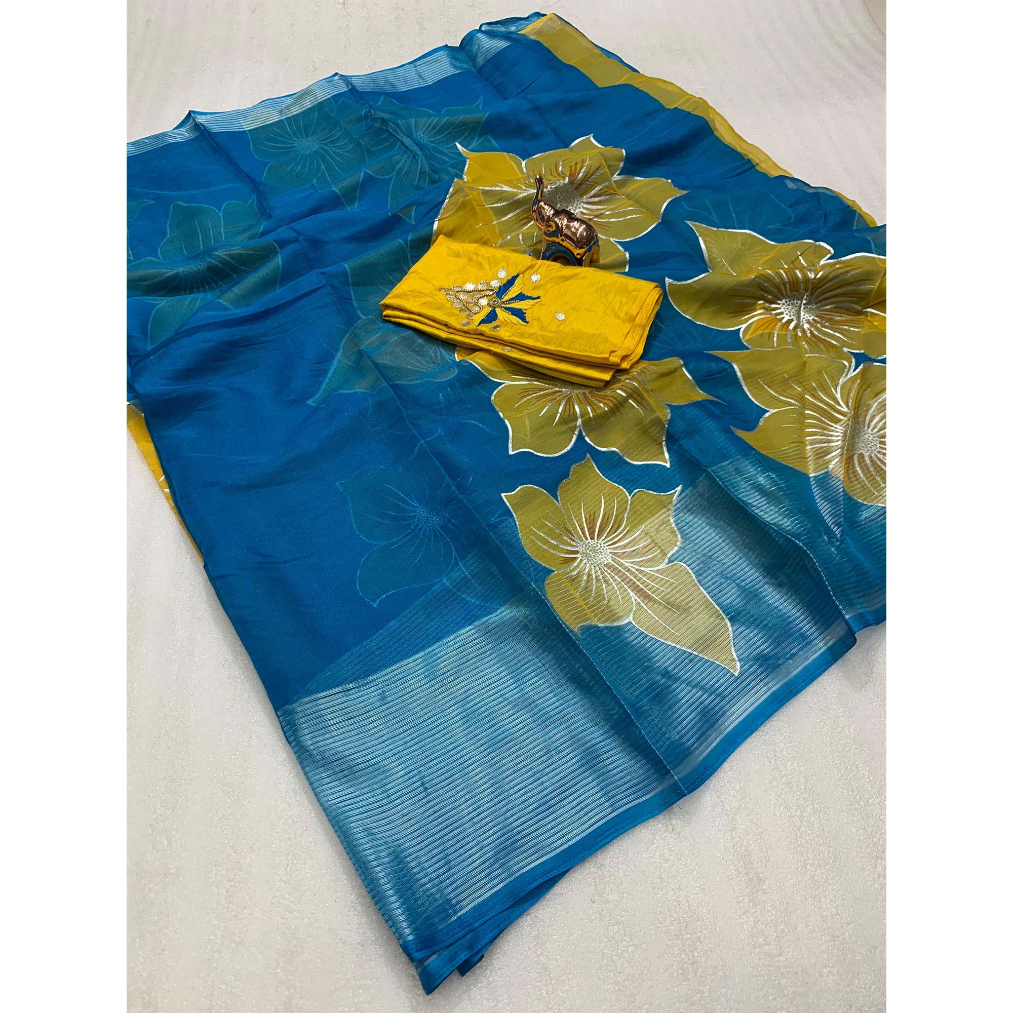 Blue and Yellow Organza Saree with Exquisite Floral Foil Motifs