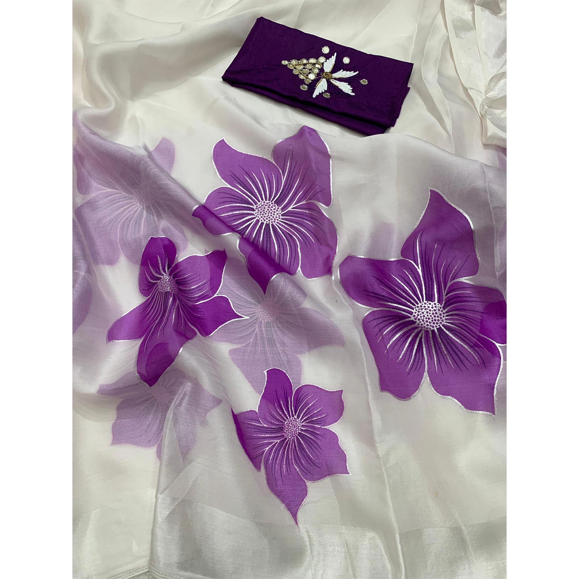 White and Purple Organza Saree with Intricate Floral Foil Print