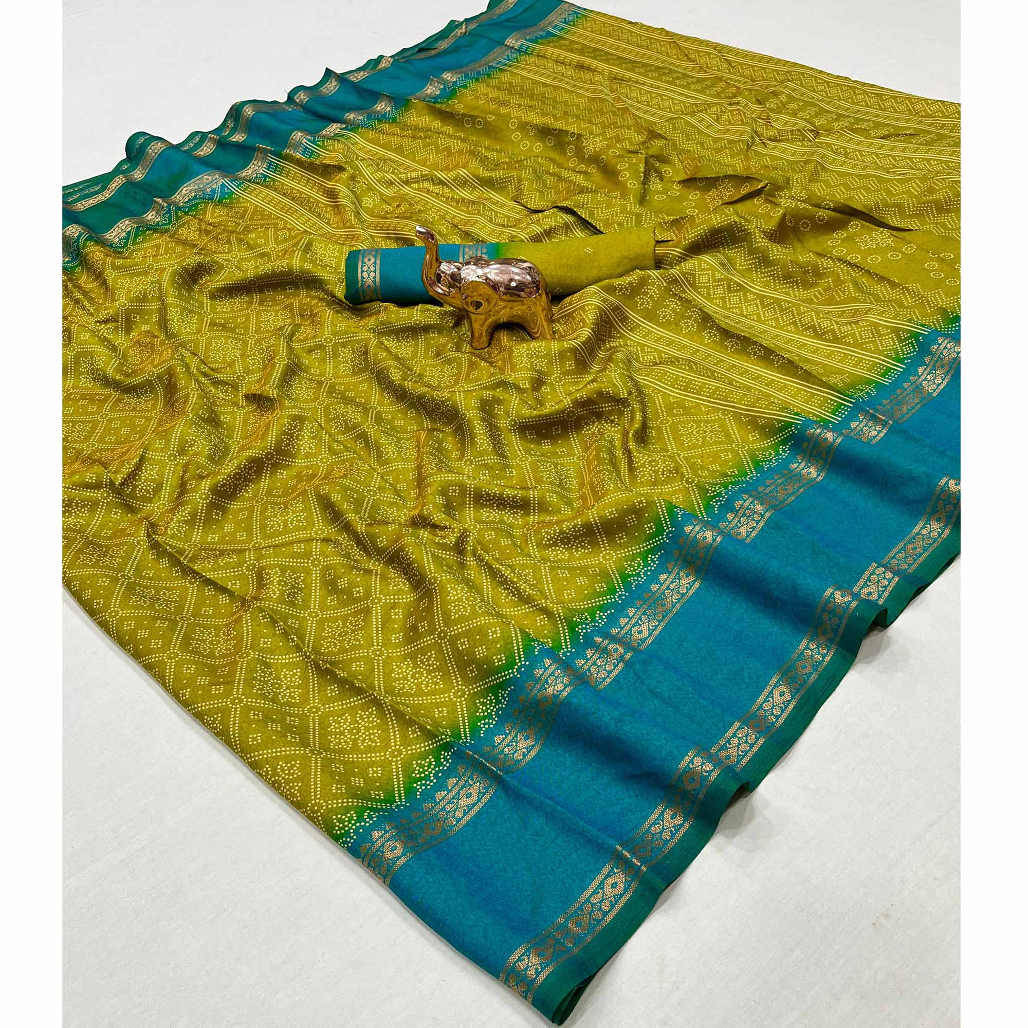 Silk Blend Saree in Mustard with Abstract Print and Intricate Woven Border