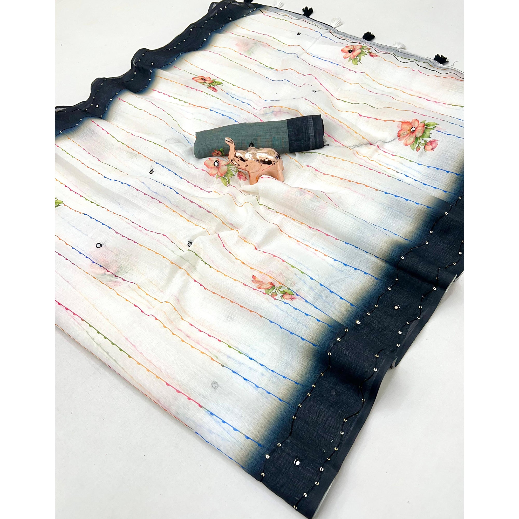 White and Grey Digital Printed Linen Cotton Saree with Refined Artistic Detailing