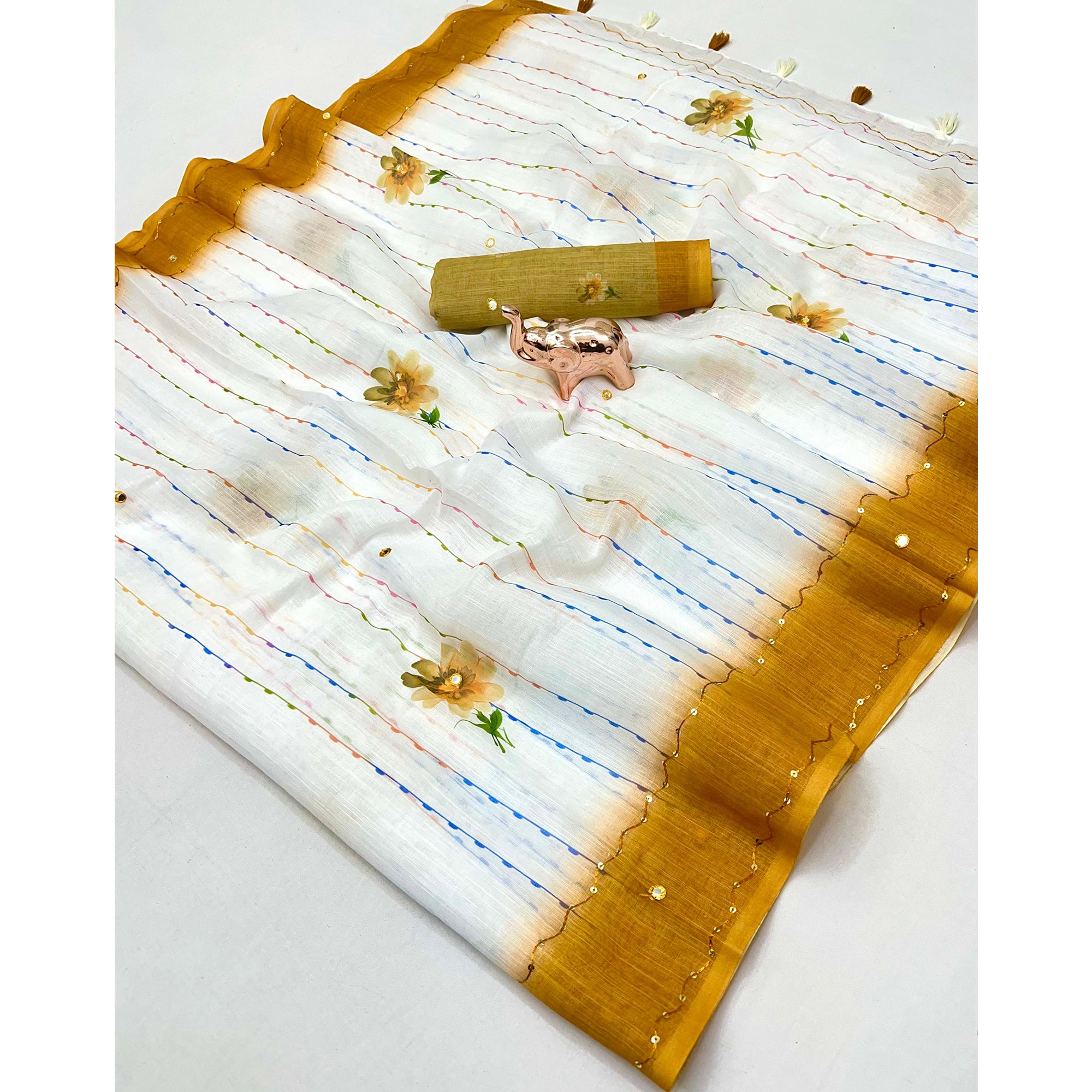 White and Mustard Digital Printed Linen Cotton Saree with Refined Artistic Detailing