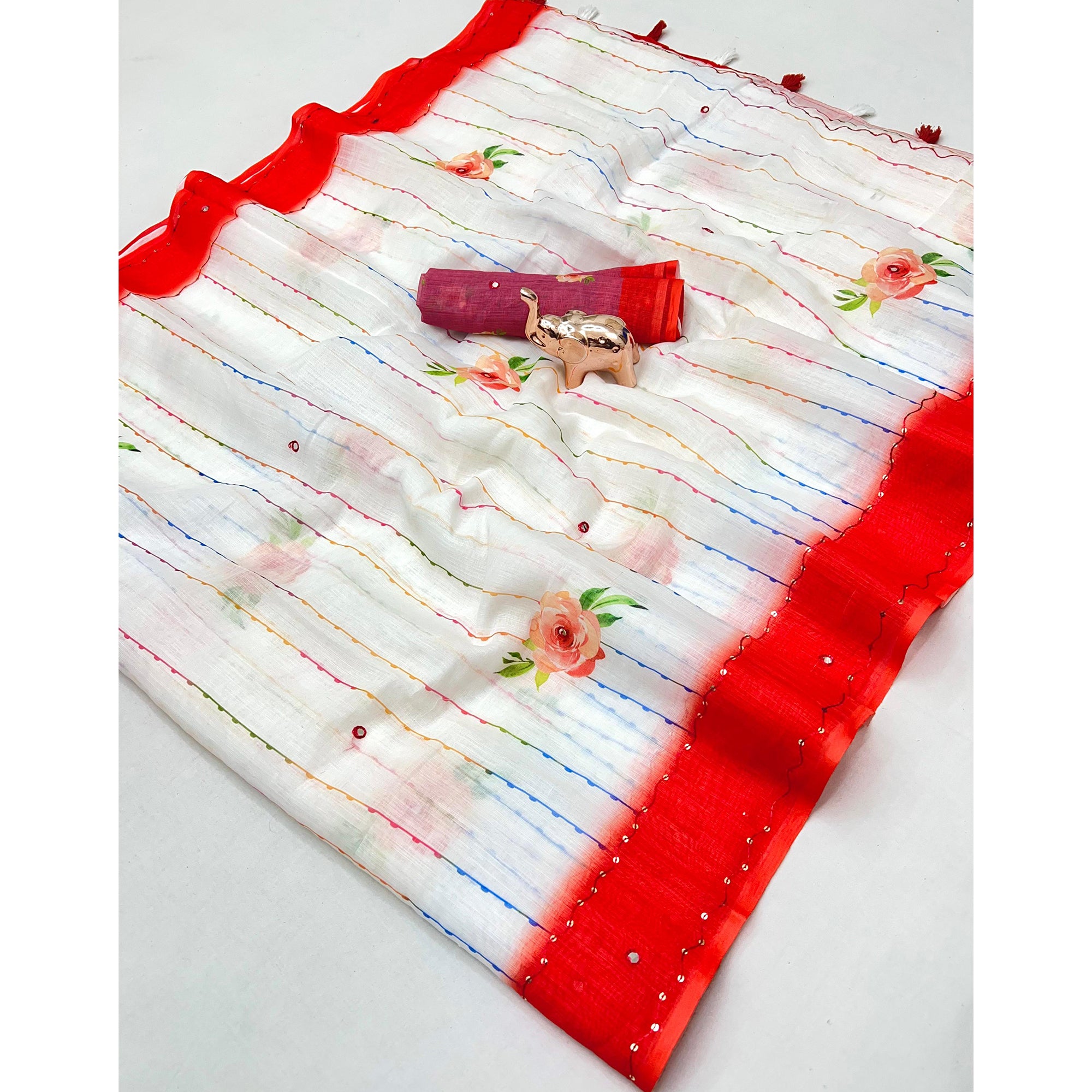 White and Red Digital Printed Linen Cotton Saree with Refined Artistic Detailing