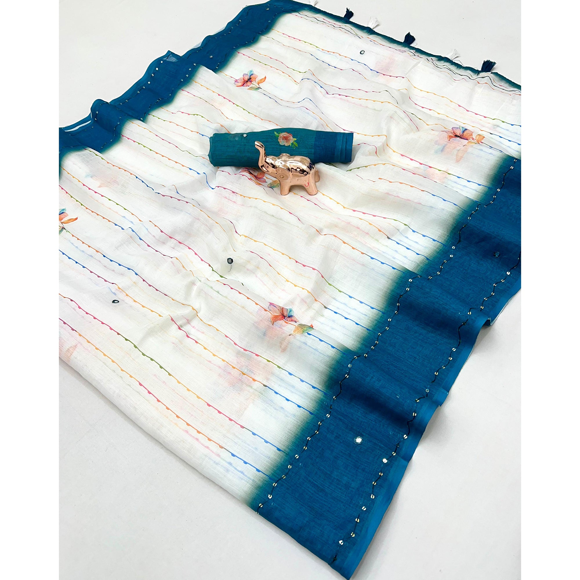 White and Teal Digital Printed Linen Cotton Saree with Refined Artistic Detailing