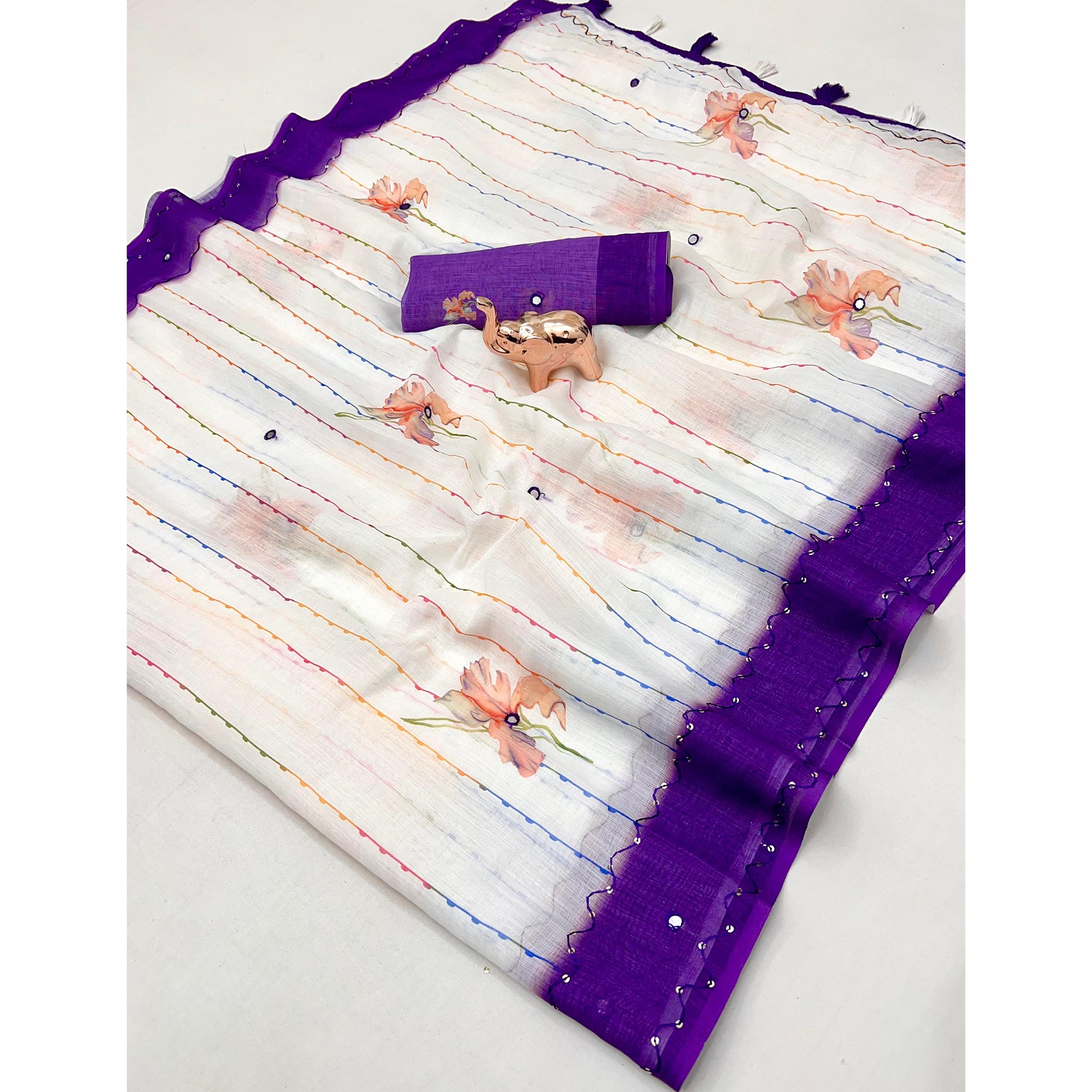 White and Violet Digital Printed Linen Cotton Saree with Refined Artistic Detailing