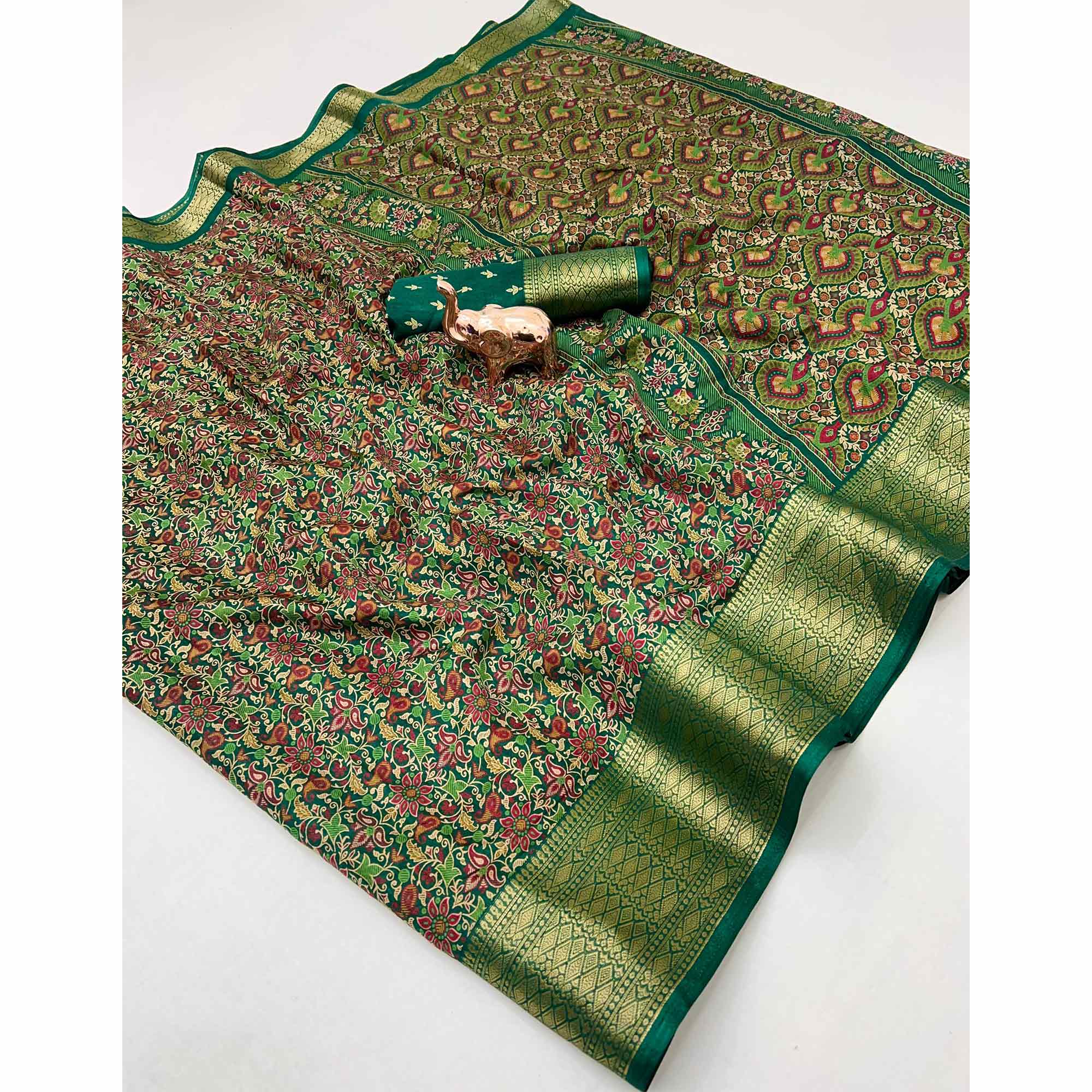 Green Kashmiri Floral Printed Dola Silk Saree With Kalamkari Pallu & Rich Zari Weaving Border