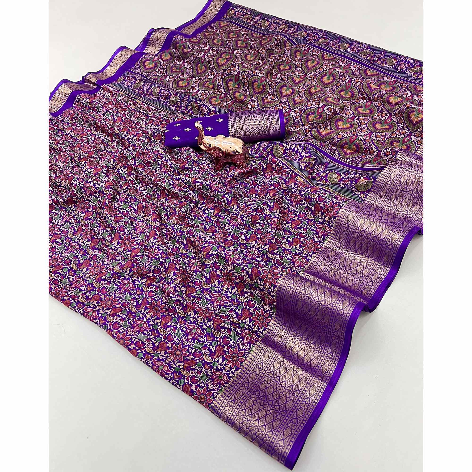 Purple Kashmiri Floral Printed Dola Silk Saree With Kalamkari Pallu & Rich Zari Weaving Border