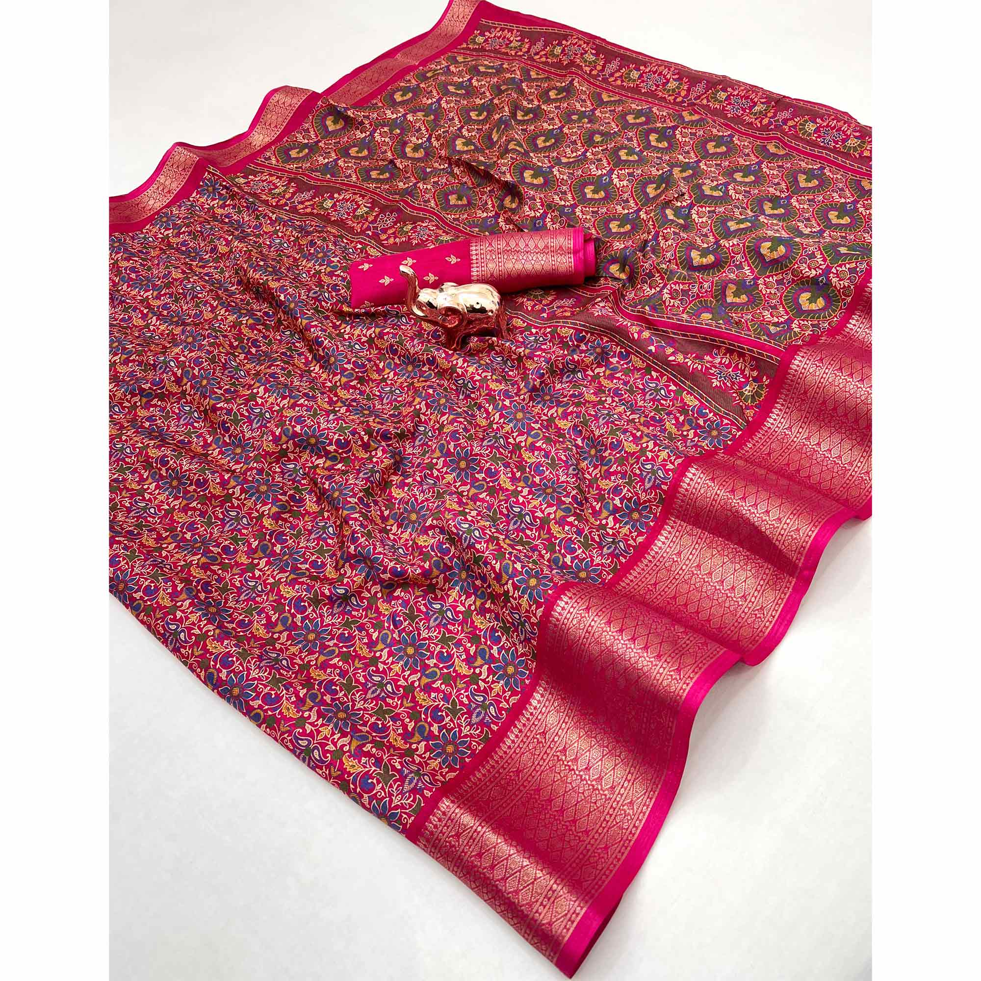 Rani Pink Kashmiri Floral Printed Dola Silk Saree With Kalamkari Pallu & Rich Zari Weaving Border