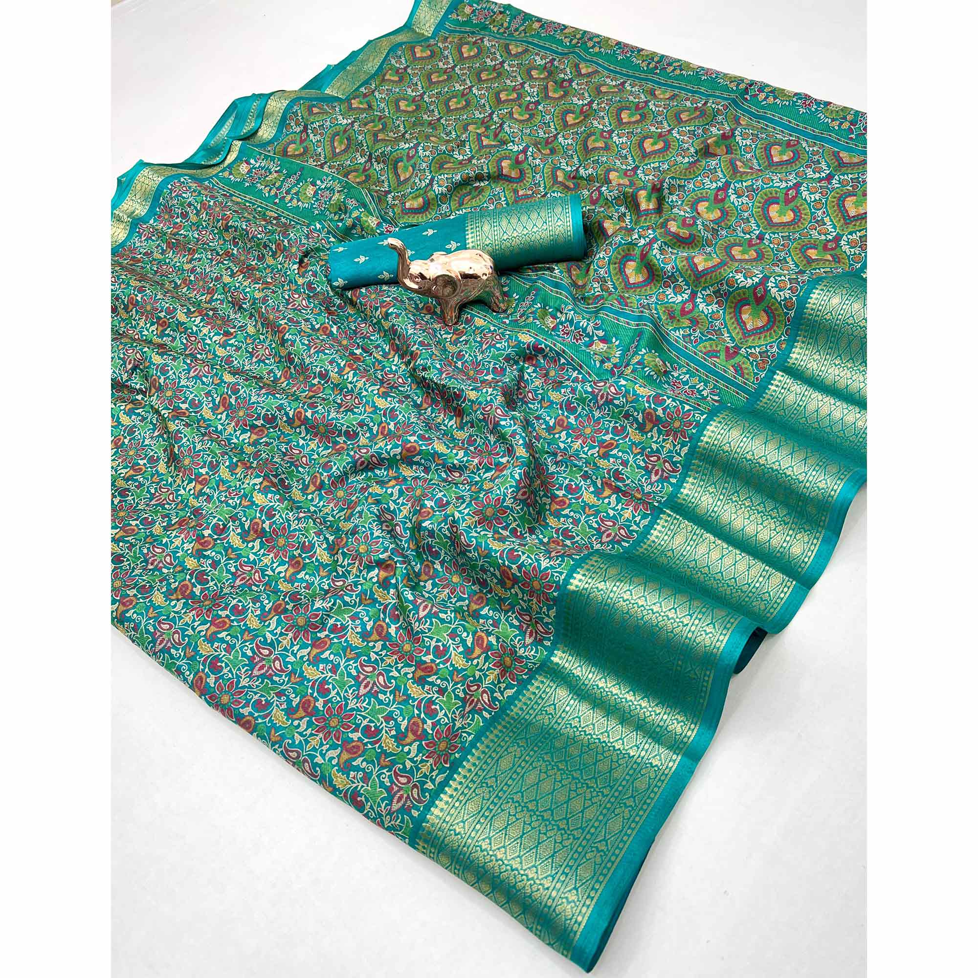 Turquoise Kashmiri Floral Printed Dola Silk Saree With Kalamkari Pallu & Rich Zari Weaving Border