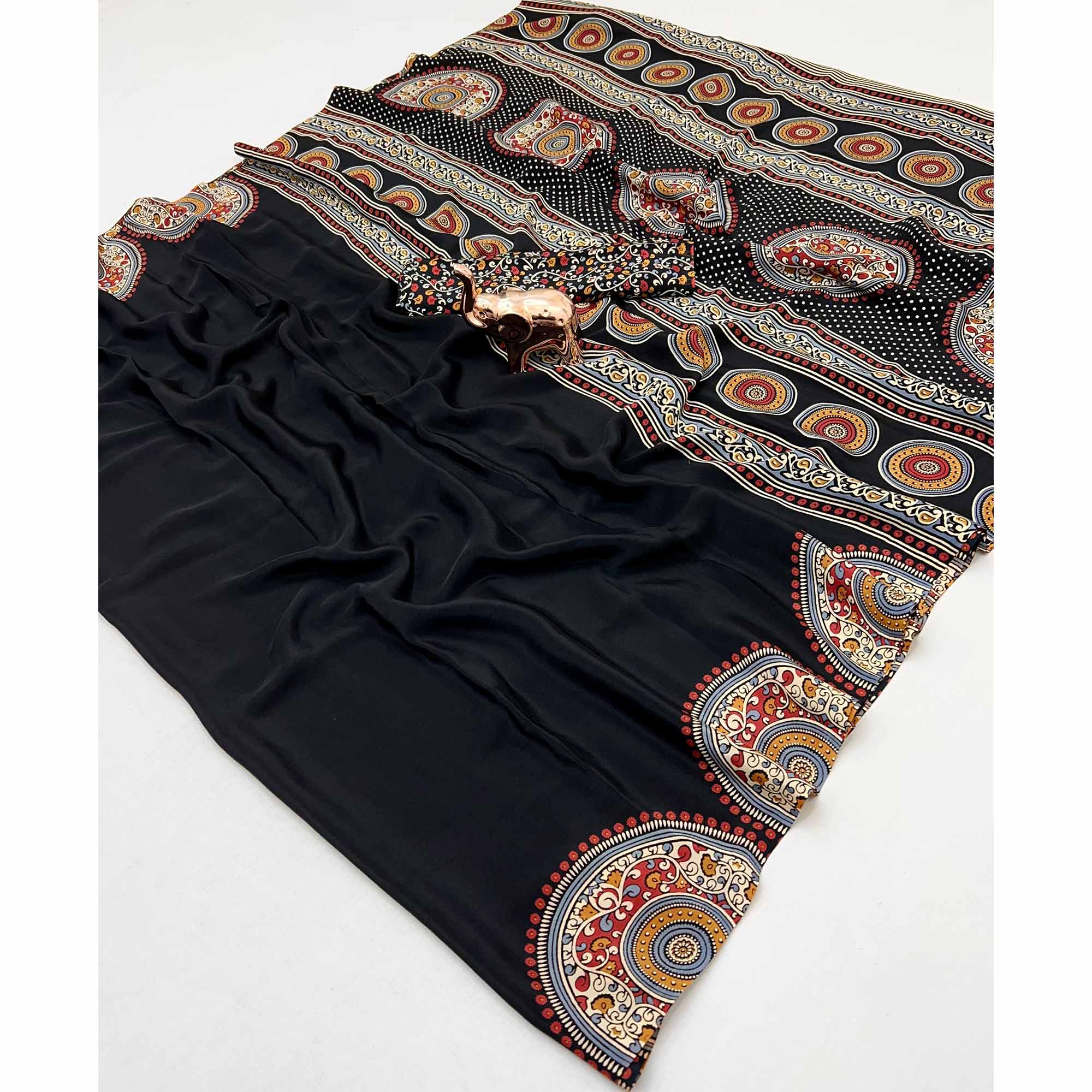 Elegant Black Satin Saree with Ajrakh Inspired Floral Prints