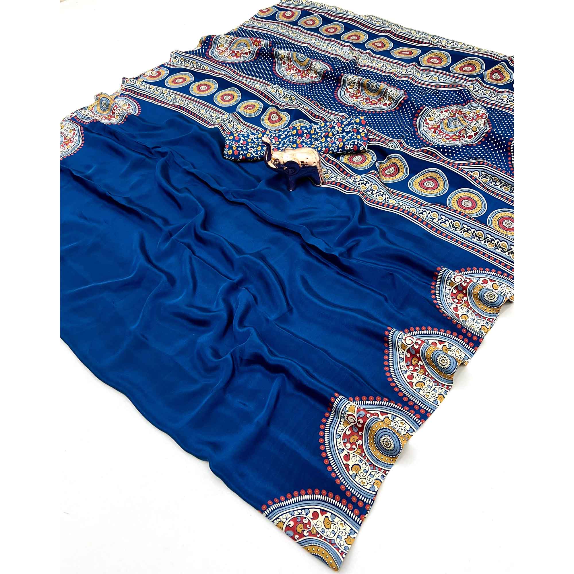 Elegant Blue Satin Saree with Ajrakh Inspired Floral Prints