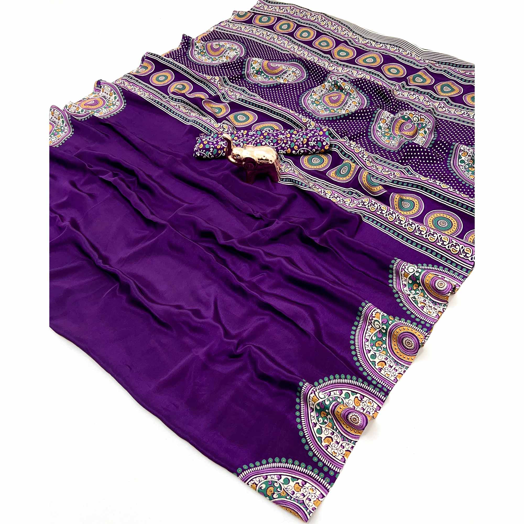 Elegant Purple Satin Saree with Ajrakh Inspired Floral Prints
