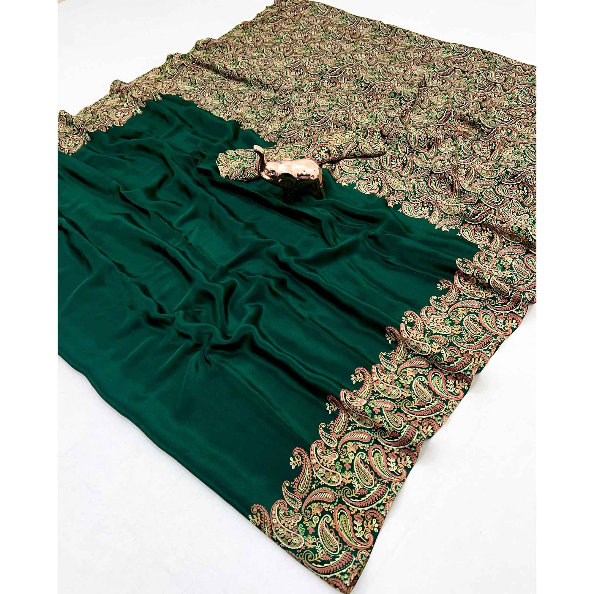 Classic Green Satin Saree Featuring Traditional Ajrakh Paisley Printed Pattern