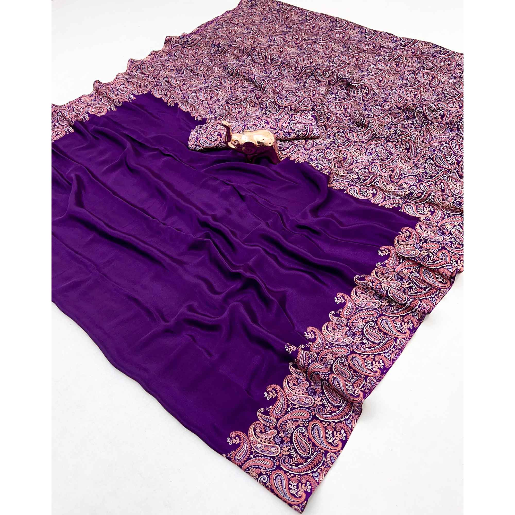 Classic Purple Satin Saree Featuring Traditional Ajrakh Paisley Printed Pattern