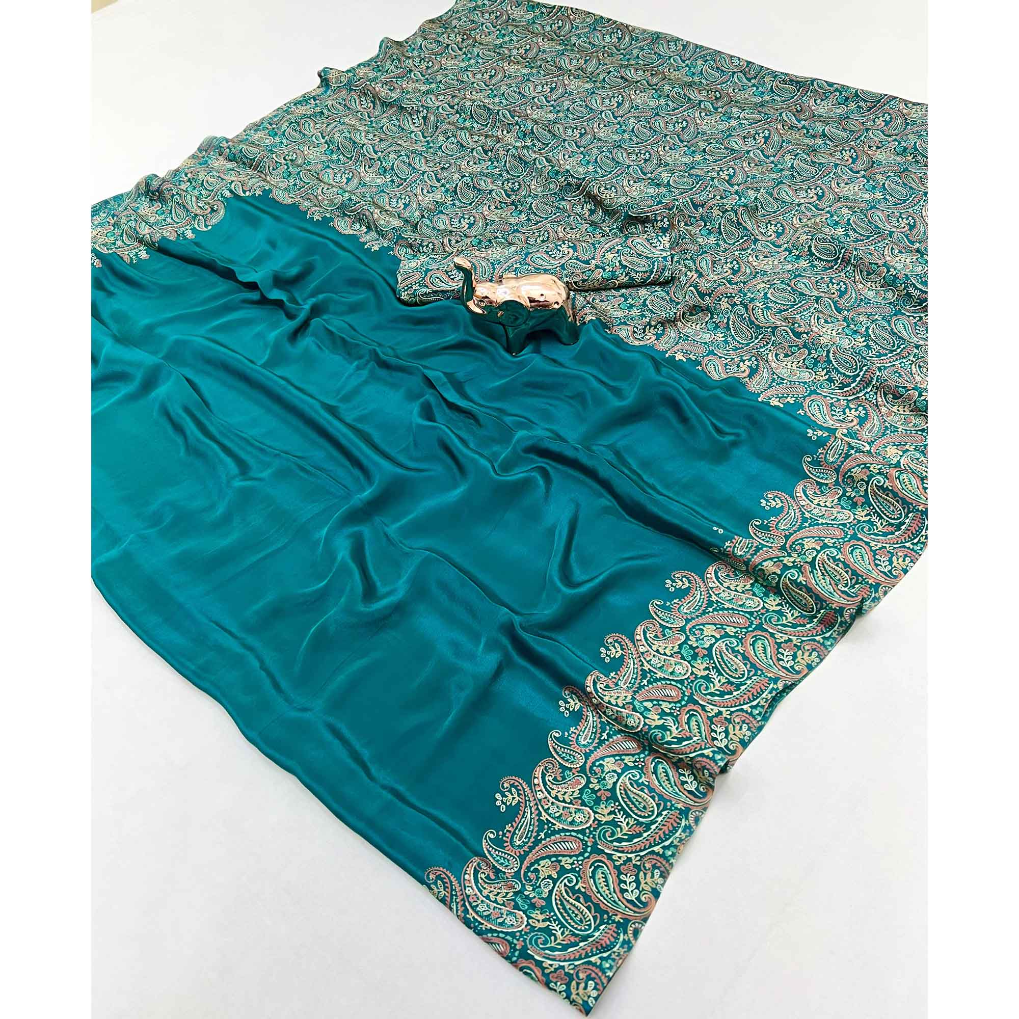 Classic Teal Satin Saree Featuring Traditional Ajrakh Paisley Printed Pattern
