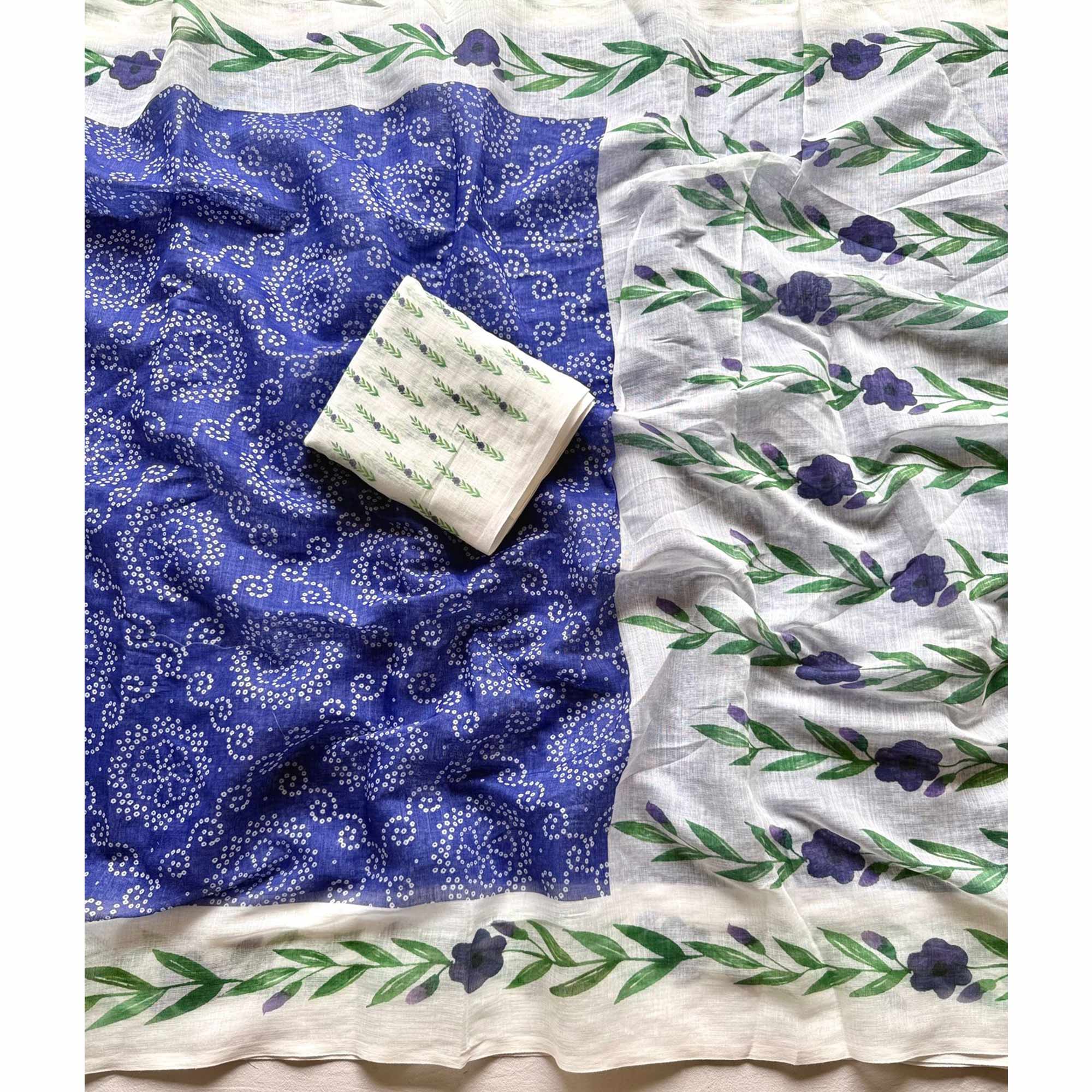 Chic Blue Linen Saree Featuring Bandhani & Floral Digital Prints