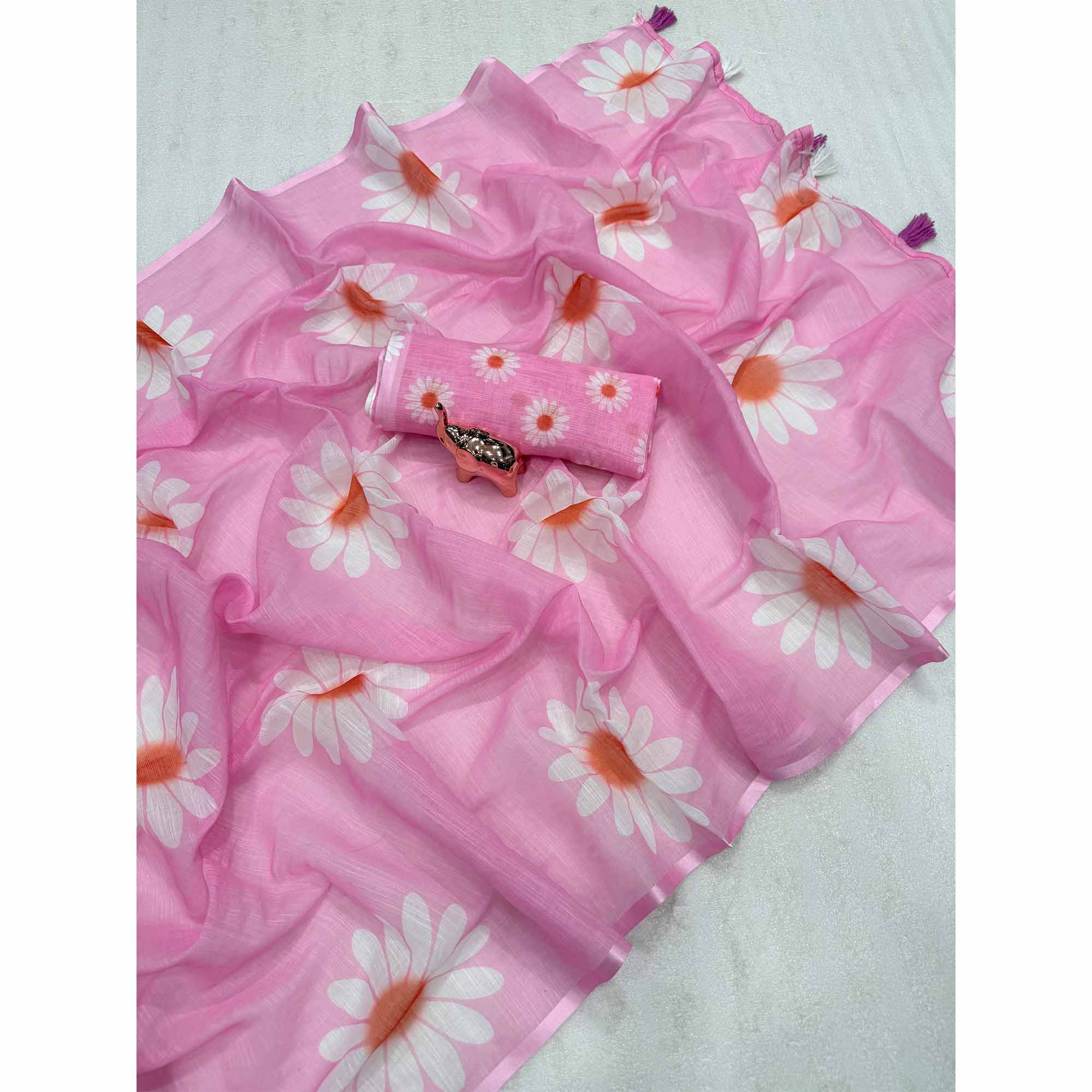 Sophisticated Pink Floral Digital Printed Linen Silk Saree With Tassel Pallu
