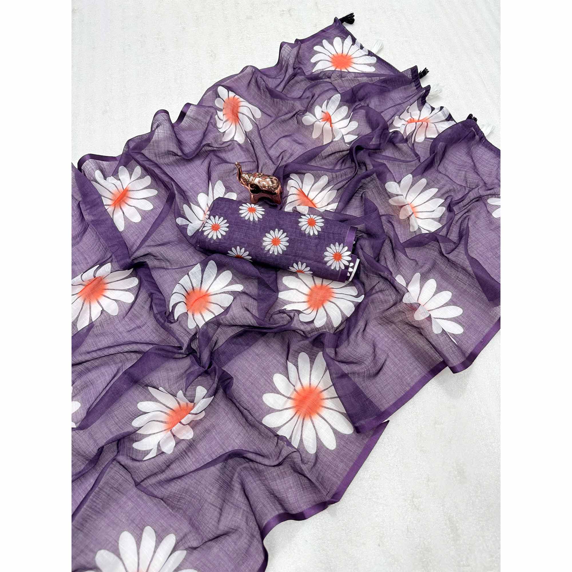 Sophisticated Purple Floral Digital Printed Linen Silk Saree With Tassel Pallu