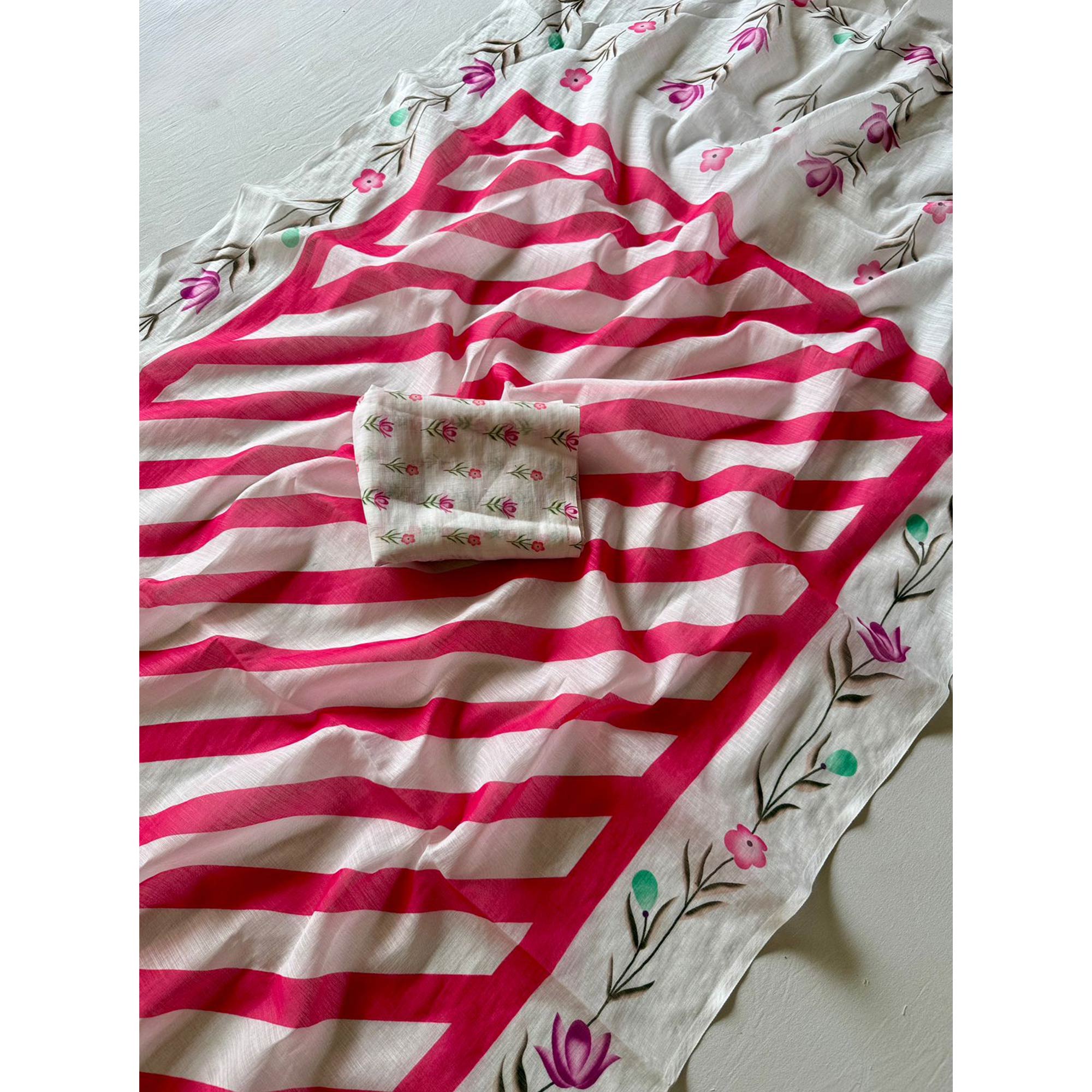 Stylish Pink Digital Striped Printed Linen Saree With Delicate Floral Designs