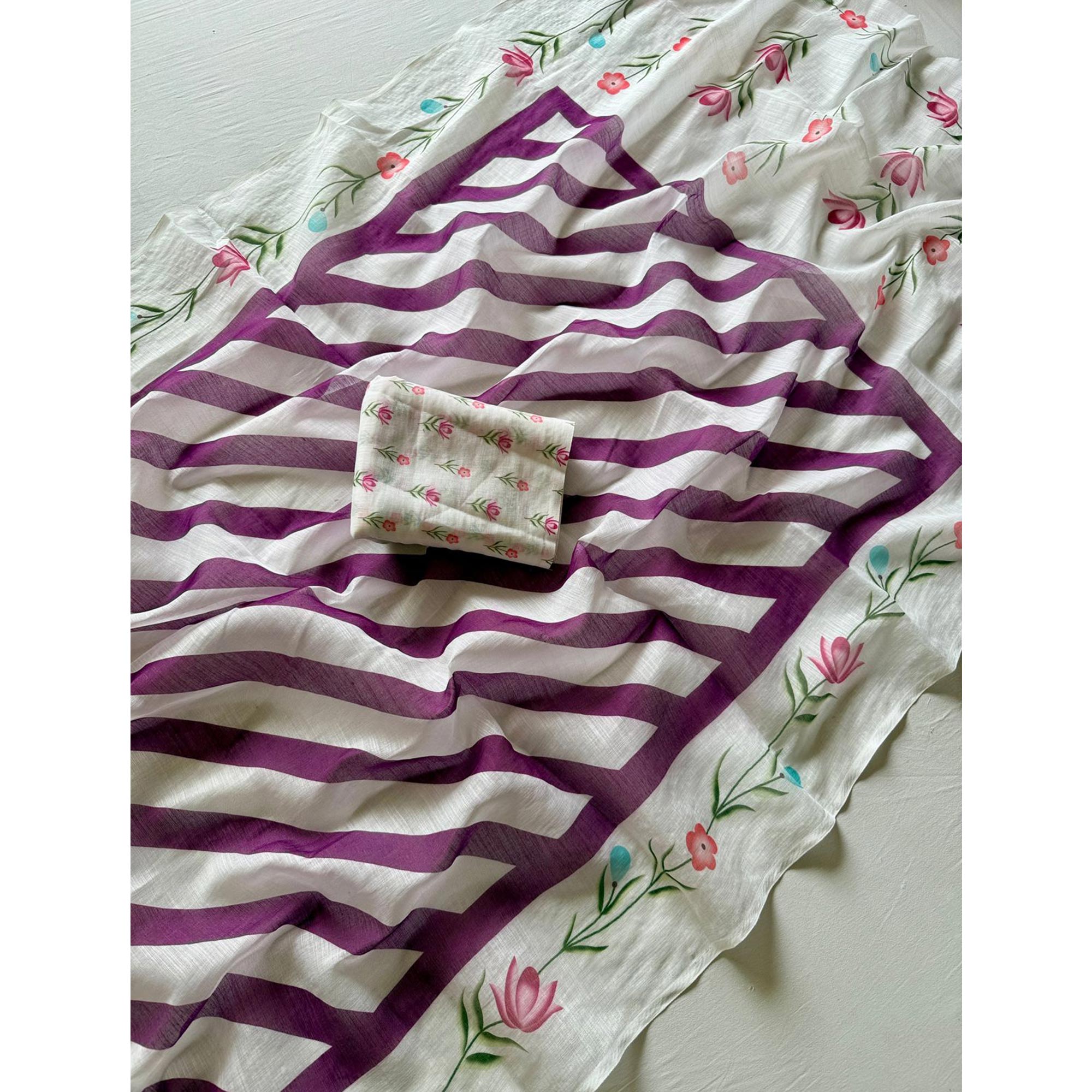 Stylish Wine Digital Striped Printed Linen Saree With Delicate Floral Designs