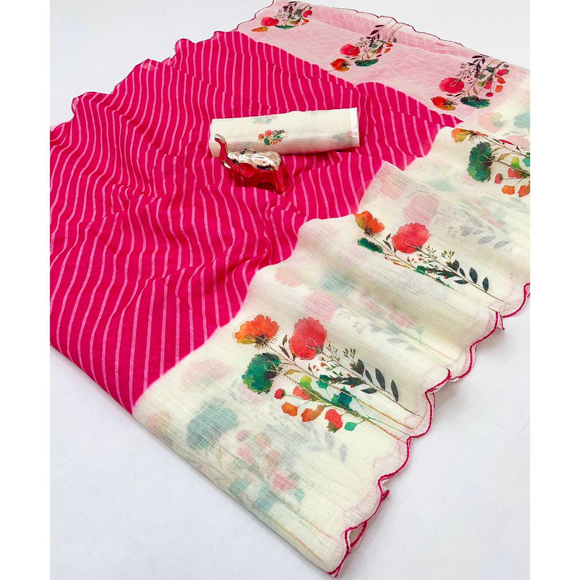 Sophisticated Pink Floral & Striped Digital Printed Linen Saree With Artistic Cutwork Border