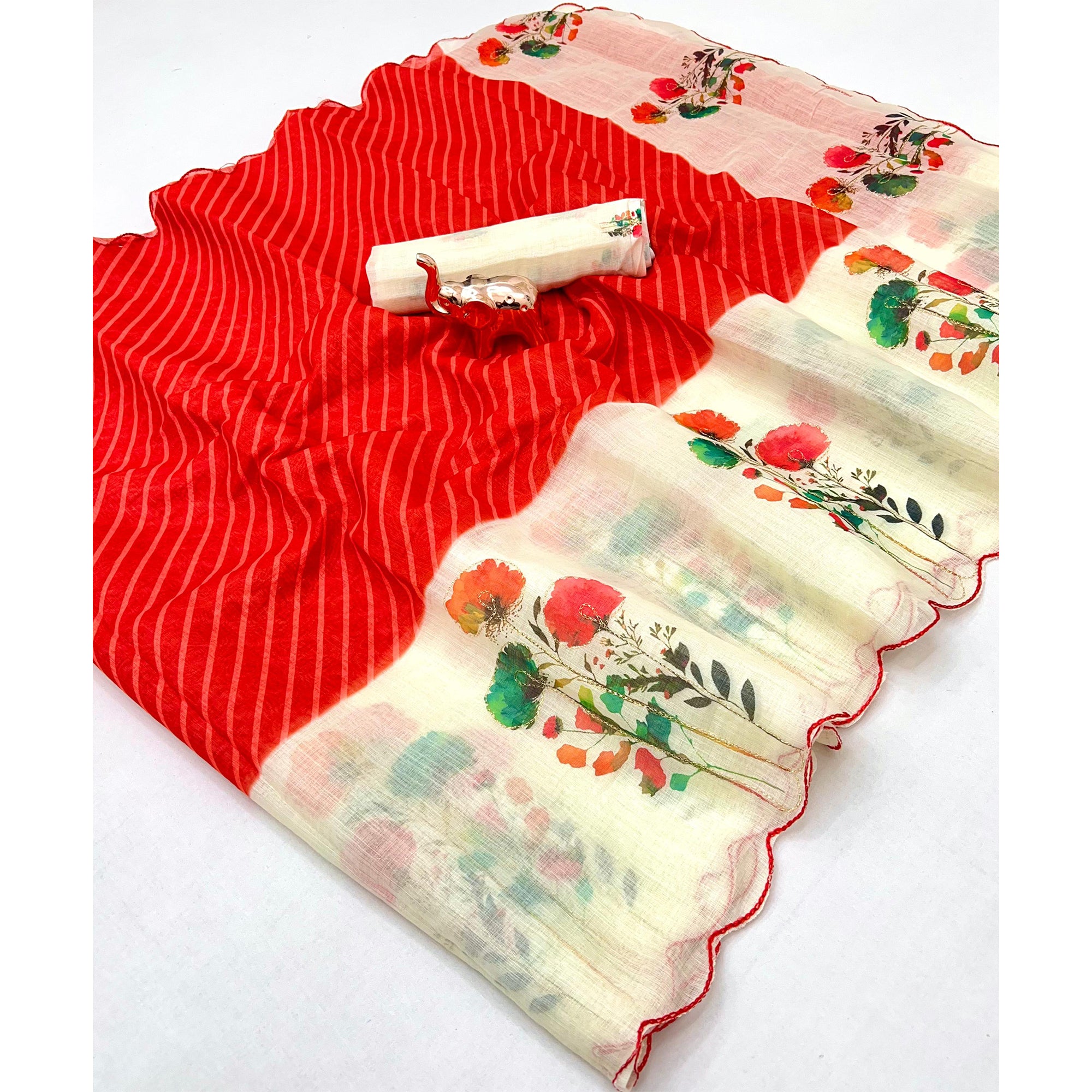 Sophisticated Red Floral & Striped Digital Printed Linen Saree With Artistic Cutwork Border