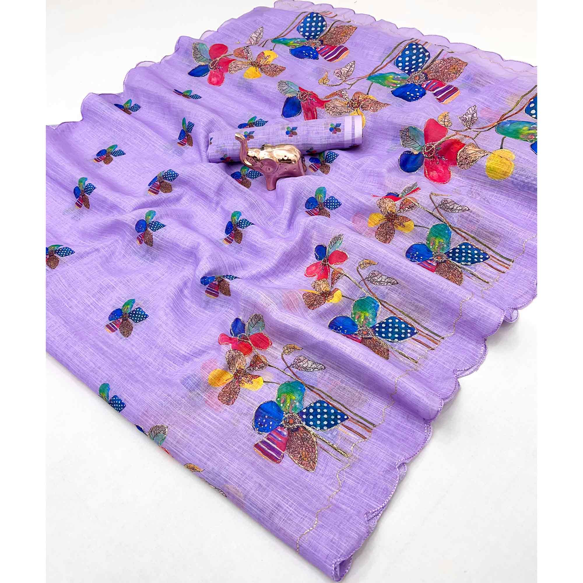 Lavender Linen Saree Featuring Floral Digital Print With Zari Outline & Cutwork Border