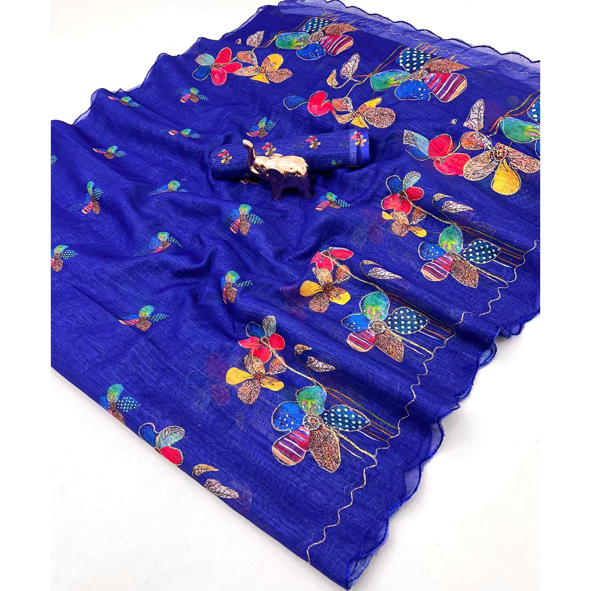 Royal Blue Linen Saree Featuring Floral Digital Print With Zari Outline & Cutwork Border