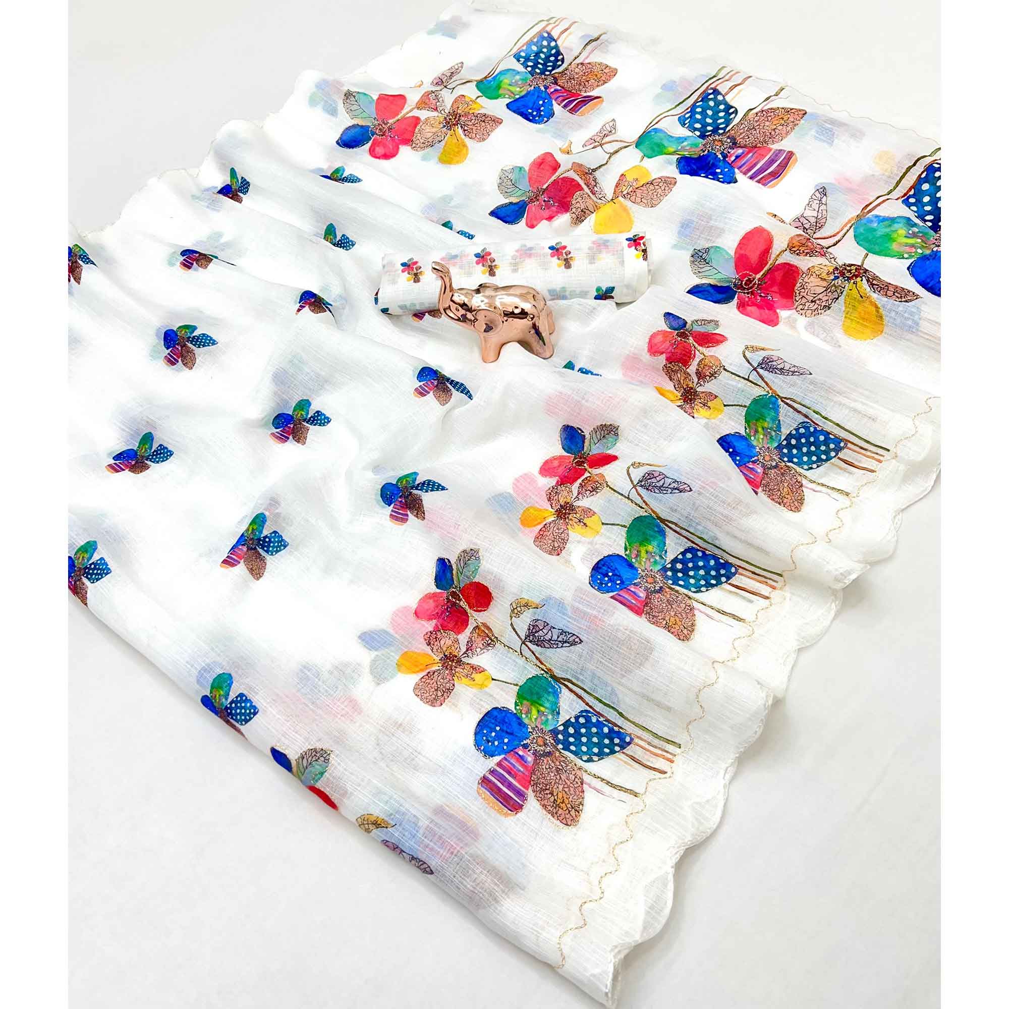 White Linen Saree Featuring Floral Digital Print With Zari Outline & Cutwork Border
