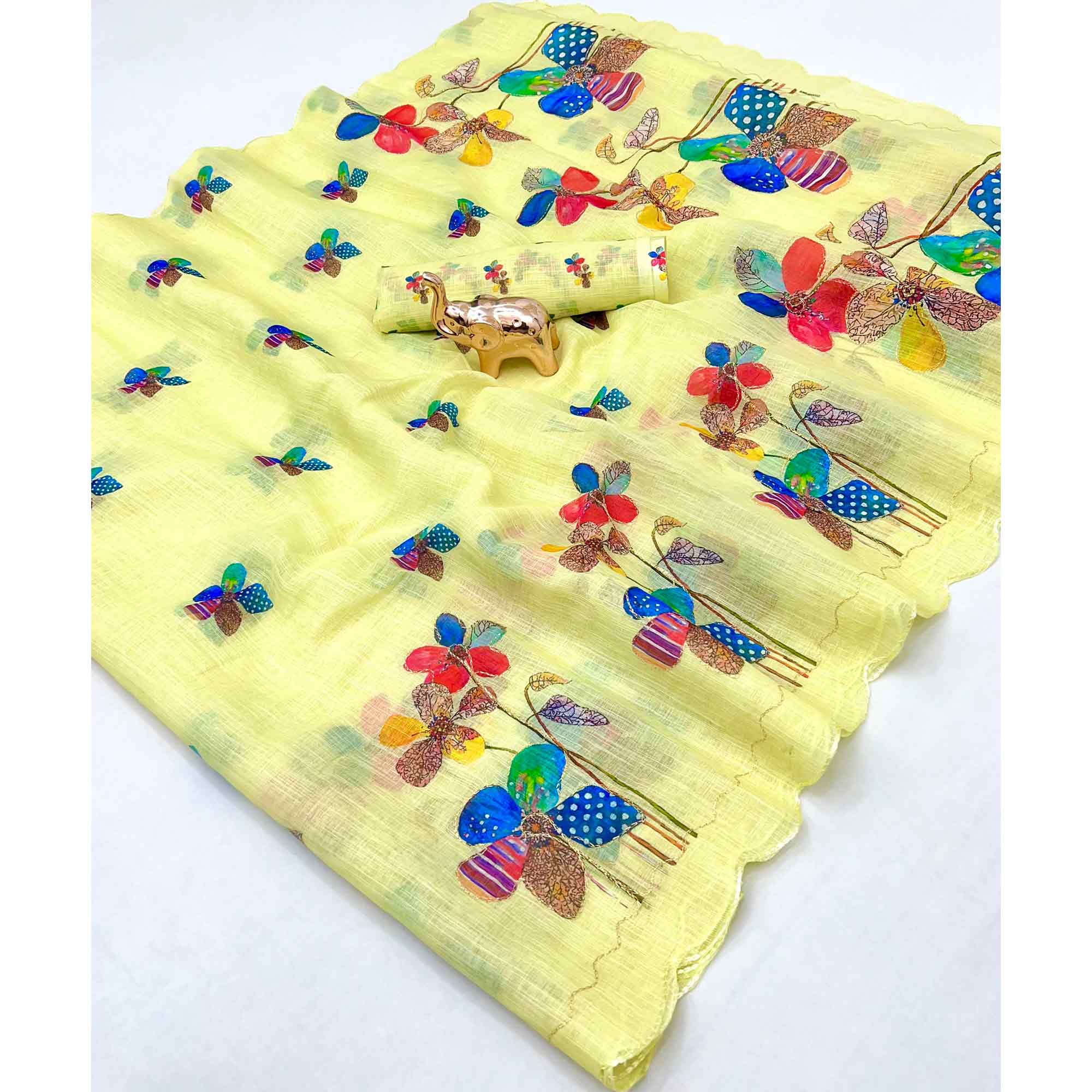Yellow Linen Saree Featuring Floral Digital Print With Zari Outline & Cutwork Border